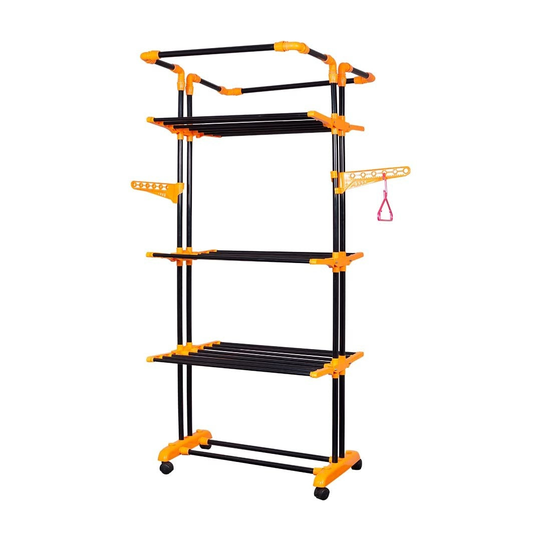 PARASNATH Luxury Black/Orange 3-Pole Steel Cloth Drying Stand with Smooth Breaking Wheels System – Heavy-Duty Durable Drying Rack for Indoor & Outdoor Use, Space-Saving Design, Made in India - PARASNATH