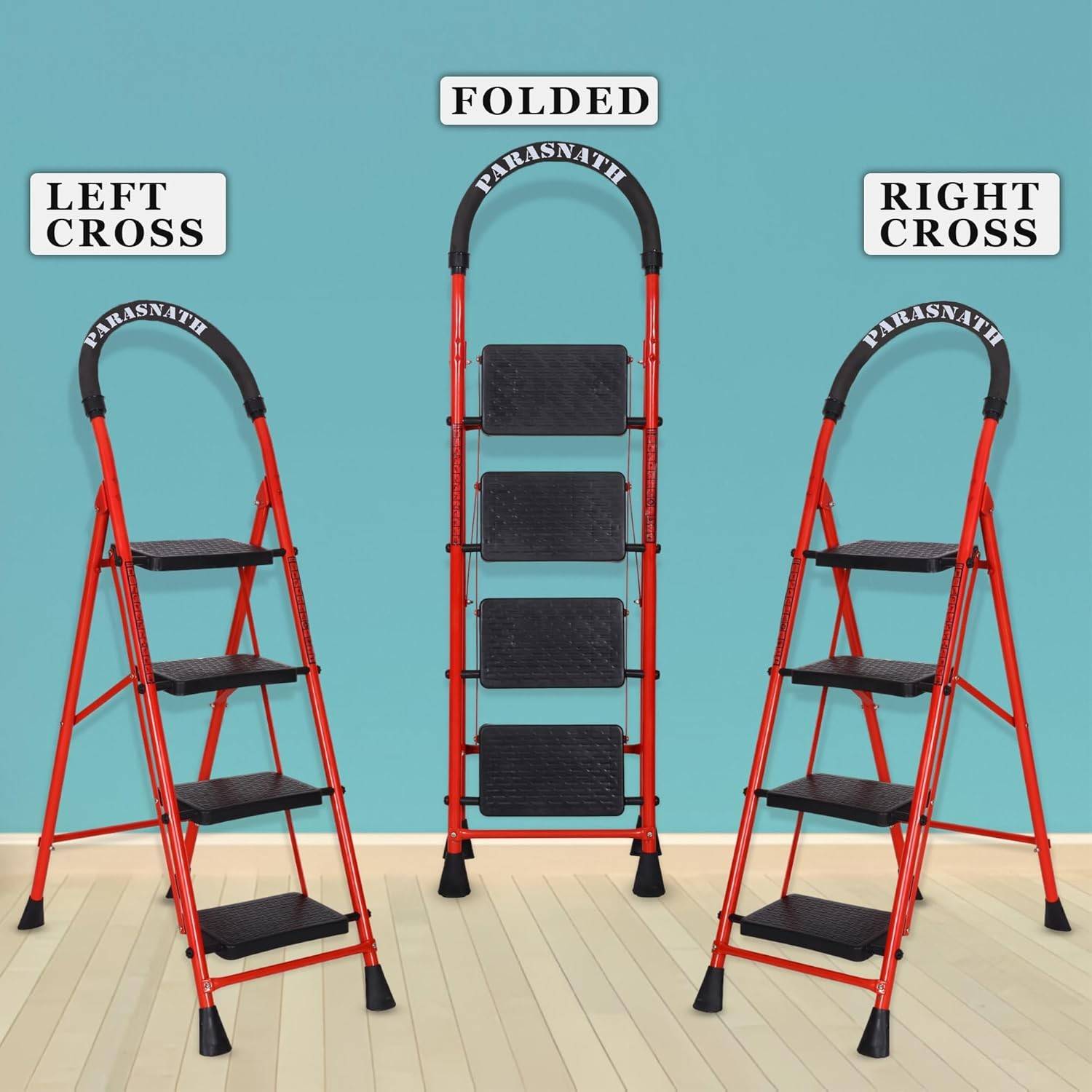 Parasnath GoUp 4 Step Foldable Steel Red Step Ladder – Heavy-Duty and Lightweight Step Ladder with Anti-Skid Wide Plastic Steps, Safety Handle, High Reach Platform for Home, Kitchen, Office, Warehouse Use - 6 Year Manufacturer Warranty - Made in India - PARASNATH