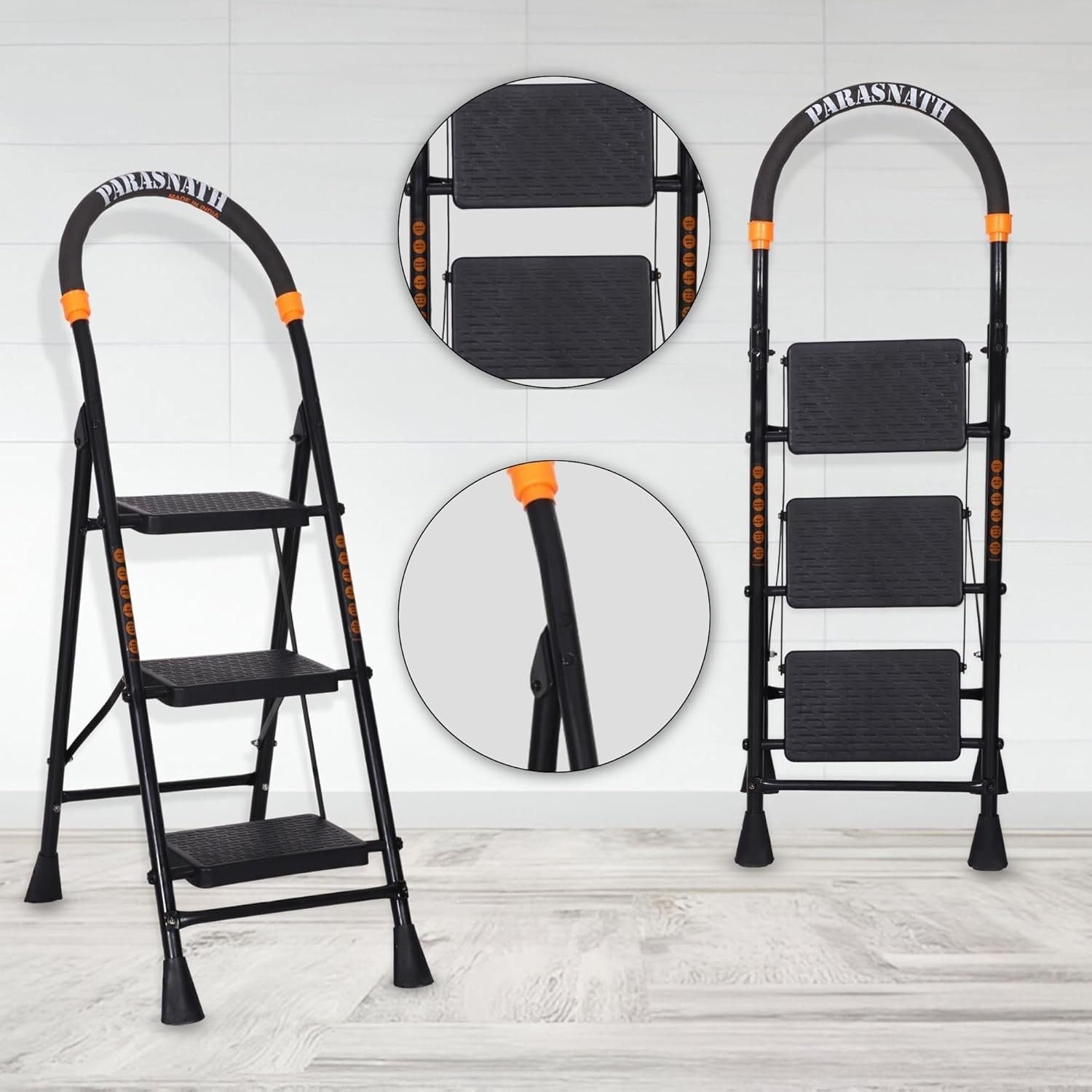 Parasnath GoUp 3 Step Foldable Steel Black Step Ladder – Heavy-Duty and Lightweight Step Ladder with Anti-Skid Wide Plastic Steps, Safety Handle, High Reach Platform for Home, Kitchen, Office, Warehouse Use - 6 Year Manufacturer Warranty - Made in India - PARASNATH