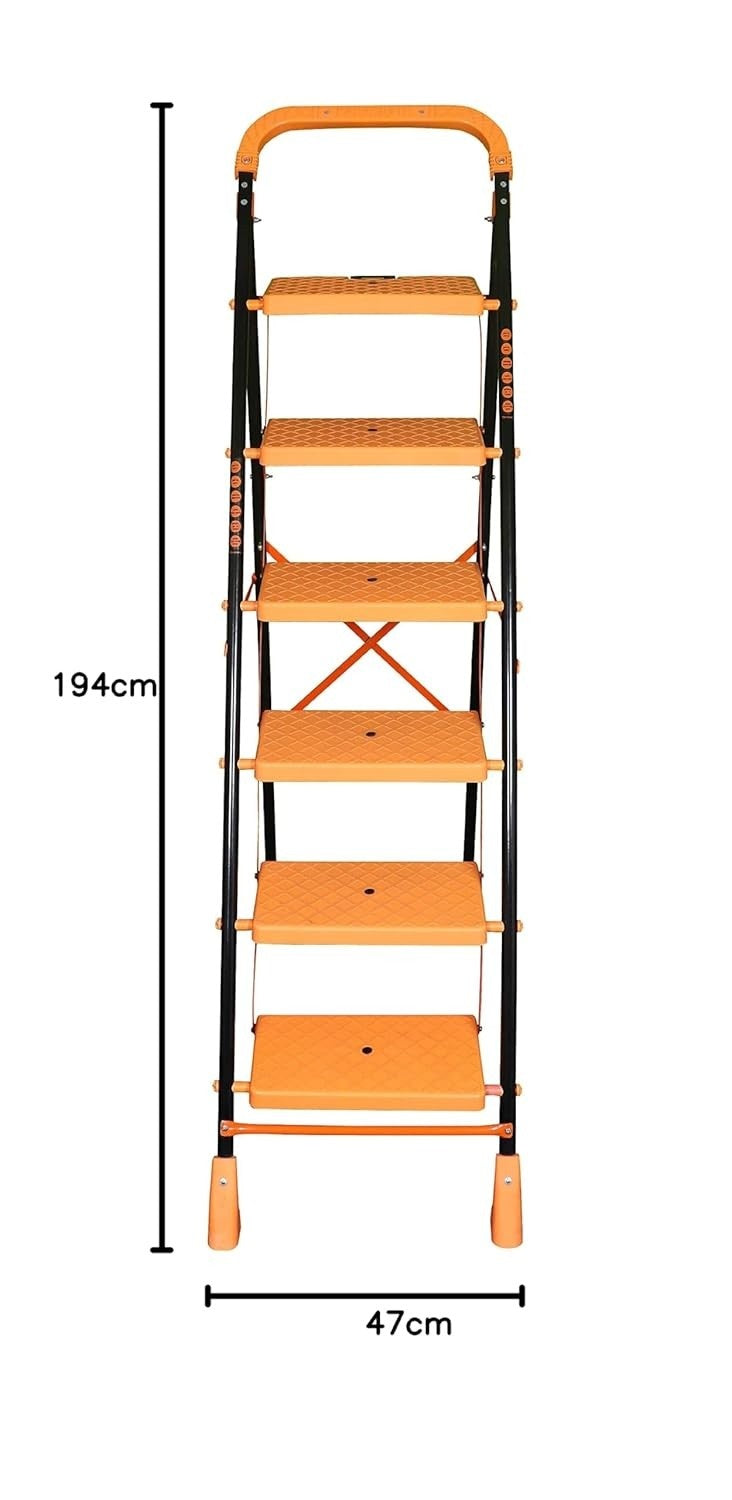 Parasnath Kohinoor 6 Step Heavy-Duty Folding Ladder – Strong Alloy Steel Step Ladder with Wide Anti-Slip Steps, 6.2 Ft Height, Rust-Resistant, Space-Saving Design for Home, Kitchen, Office & Shop Use – Made in India (Orange) - PARASNATH