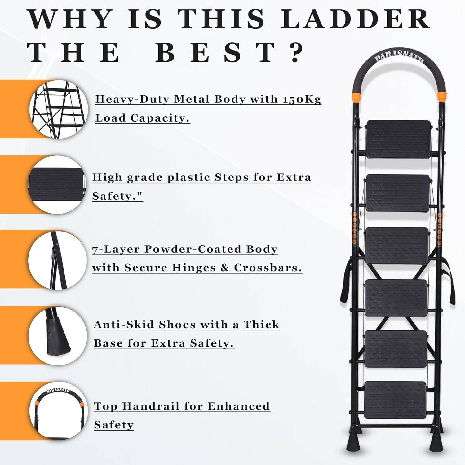 Parasnath GoUp 6 Step Foldable Steel Black Step Ladder – Heavy-Duty and Lightweight Step Ladder with Anti-Skid Wide Plastic Steps, Safety Handle, High Reach Platform for Home, Kitchen, Office, Warehouse Use - 6 Year Manufacturer Warranty - Made in India - PARASNATH
