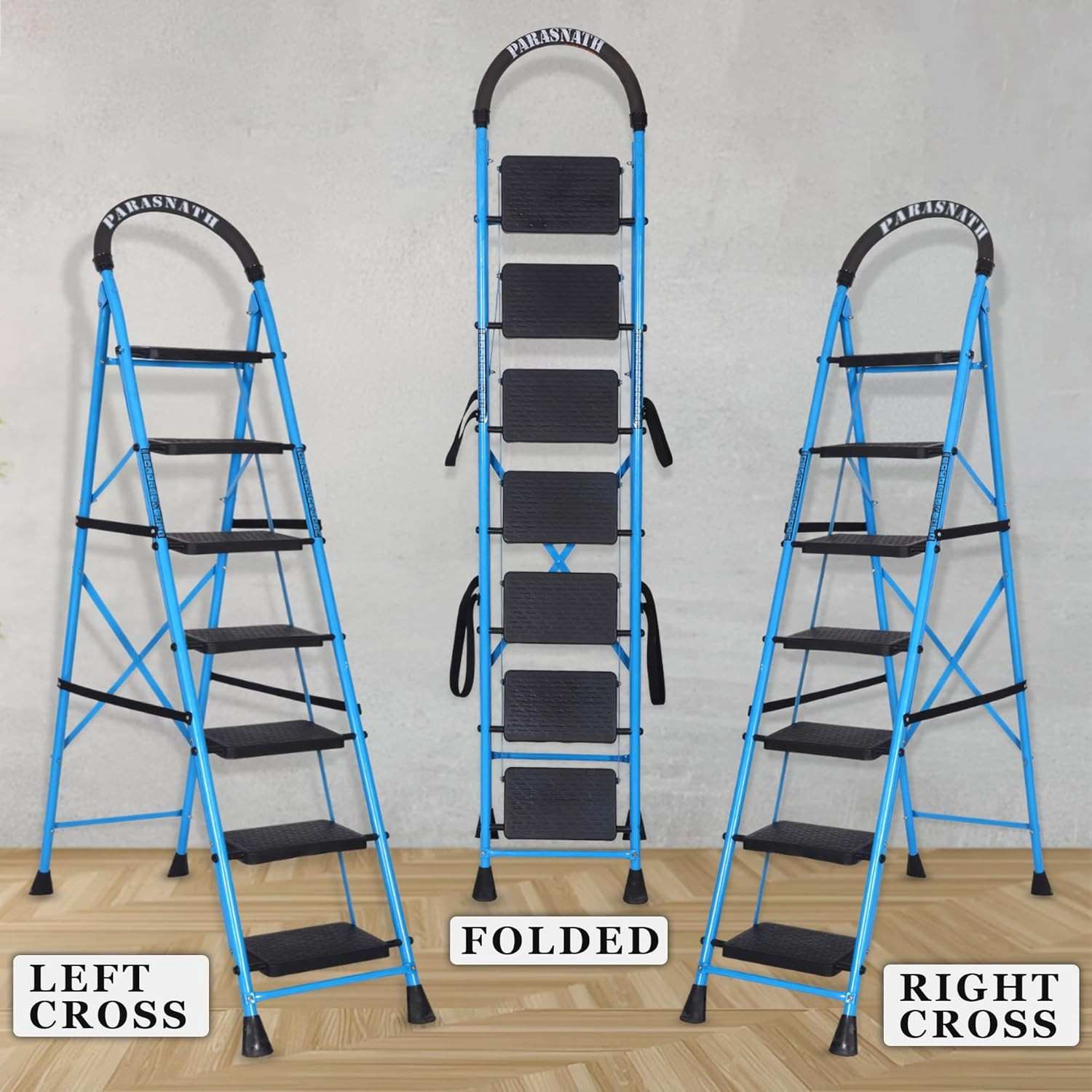 Parasnath GoUp 7 Step Foldable Steel Blue Step Ladder – Heavy-Duty and Lightweight Step Ladder with Anti-Skid Wide Plastic Steps, Safety Handle, High Reach Platform for Home, Kitchen, Office, Warehouse Use - 6 Year Manufacturer Warranty - Made in India - PARASNATH