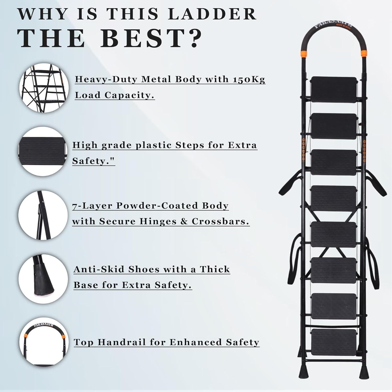 Parasnath GoUp 8 Step Foldable Steel Black Step Ladder – Heavy-Duty and Lightweight Step Ladder with Anti-Skid Wide Plastic Steps, Safety Handle, High Reach Platform for Home, Kitchen, Office, Warehouse Use - 6 Year Manufacturer Warranty - Made in India - PARASNATH
