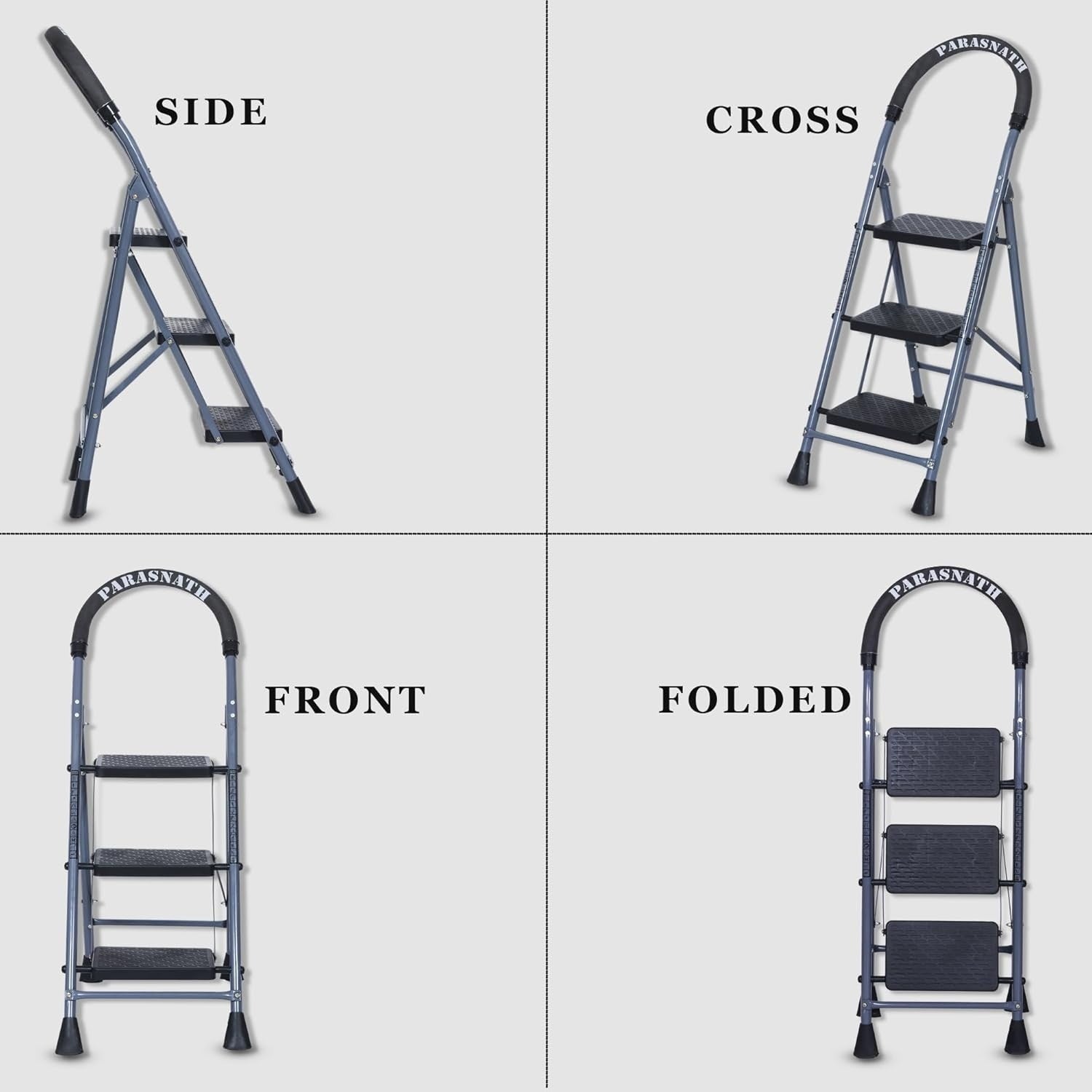 Parasnath GoUp 3 Step Foldable Steel Grey Step Ladder – Heavy-Duty and Lightweight Step Ladder with Anti-Skid Wide Plastic Steps, Safety Handle, High Reach Platform for Home, Kitchen, Office, Warehouse Use - 6 Year Manufacturer Warranty - Made in India - PARASNATH