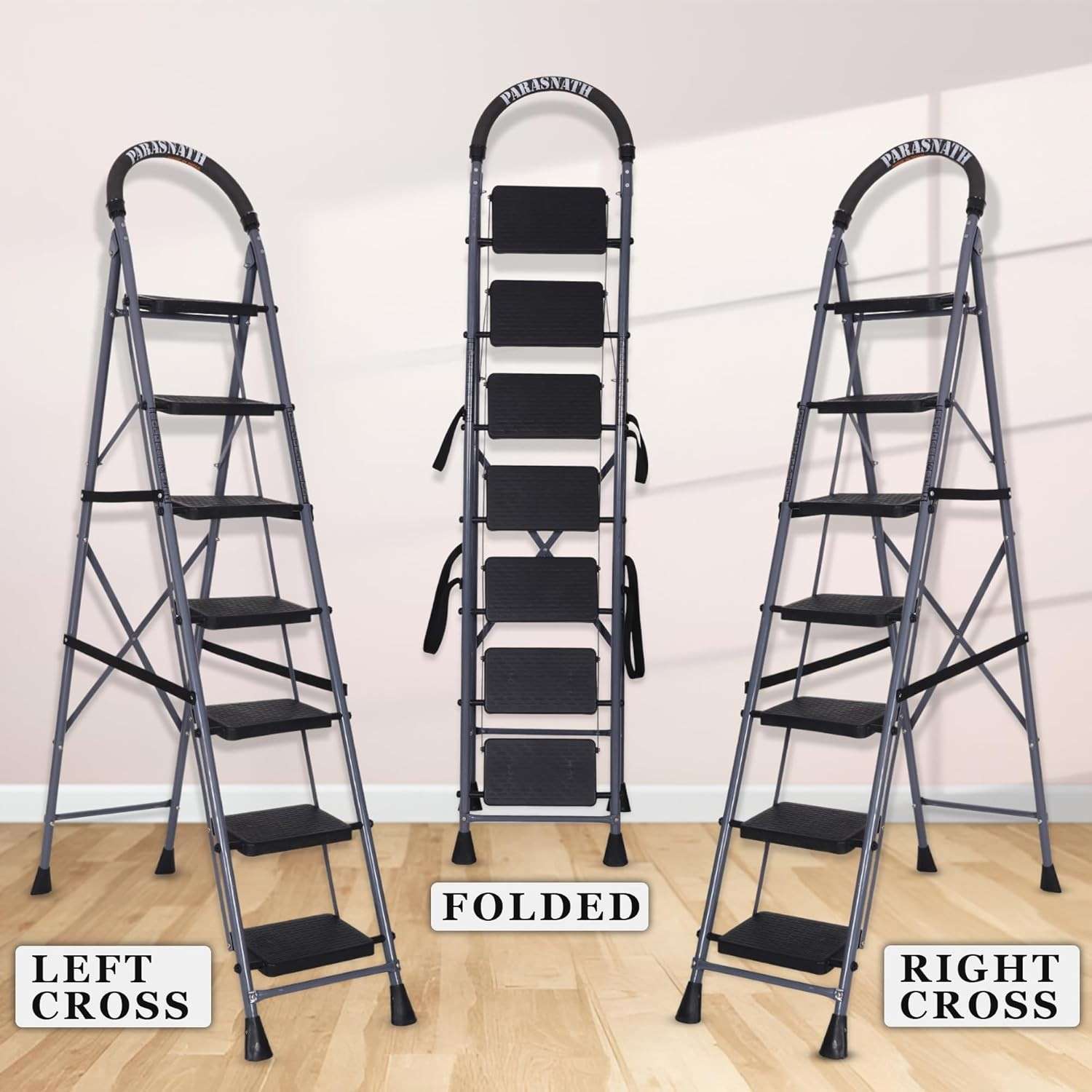 Parasnath GoUp 7 Step Foldable Steel Grey Step Ladder – Heavy-Duty and Lightweight Step Ladder with Anti-Skid Wide Plastic Steps, Safety Handle, High Reach Platform for Home, Kitchen, Office, Warehouse Use - 6 Year Manufacturer Warranty - Made in India - PARASNATH