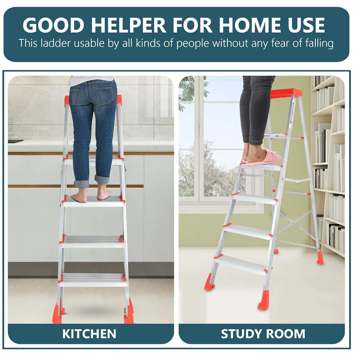 PARASNATH 5 Step EasyDay Folding Ladder – Durable Aluminium Step Ladder with Tool Tray, Non-Slip Steps, Lightweight and Compact for Home, Kitchen, Office Use – 6 Year Warranty – Made in India (Orange & Silver Color) - PARASNATH