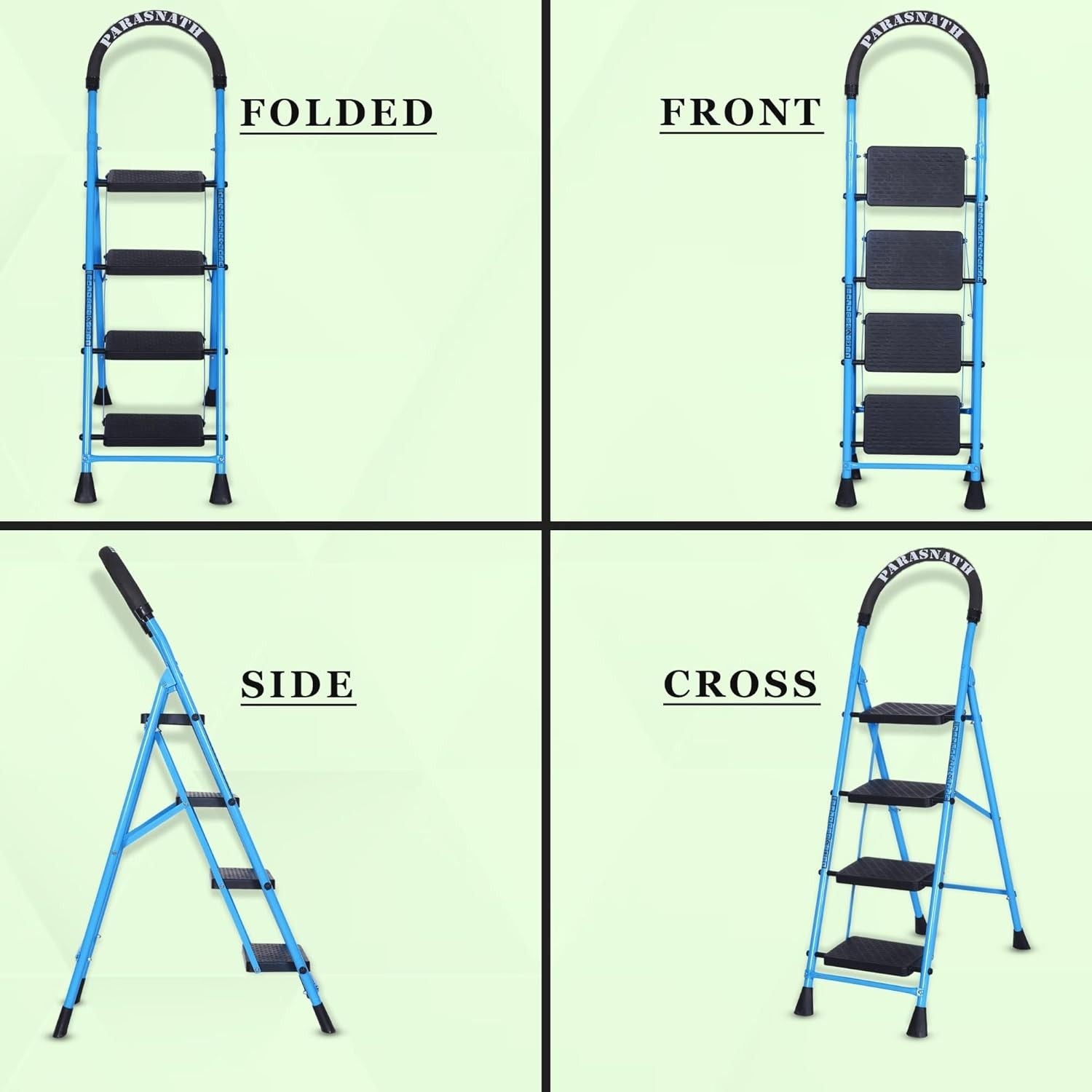 Parasnath GoUp 4 Step Foldable Steel Blue Step Ladder – Heavy-Duty and Lightweight Step Ladder with Anti-Skid Wide Plastic Steps, Safety Handle, High Reach Platform for Home, Kitchen, Office, Warehouse Use - 6 Year Manufacturer Warranty - Made in India - PARASNATH