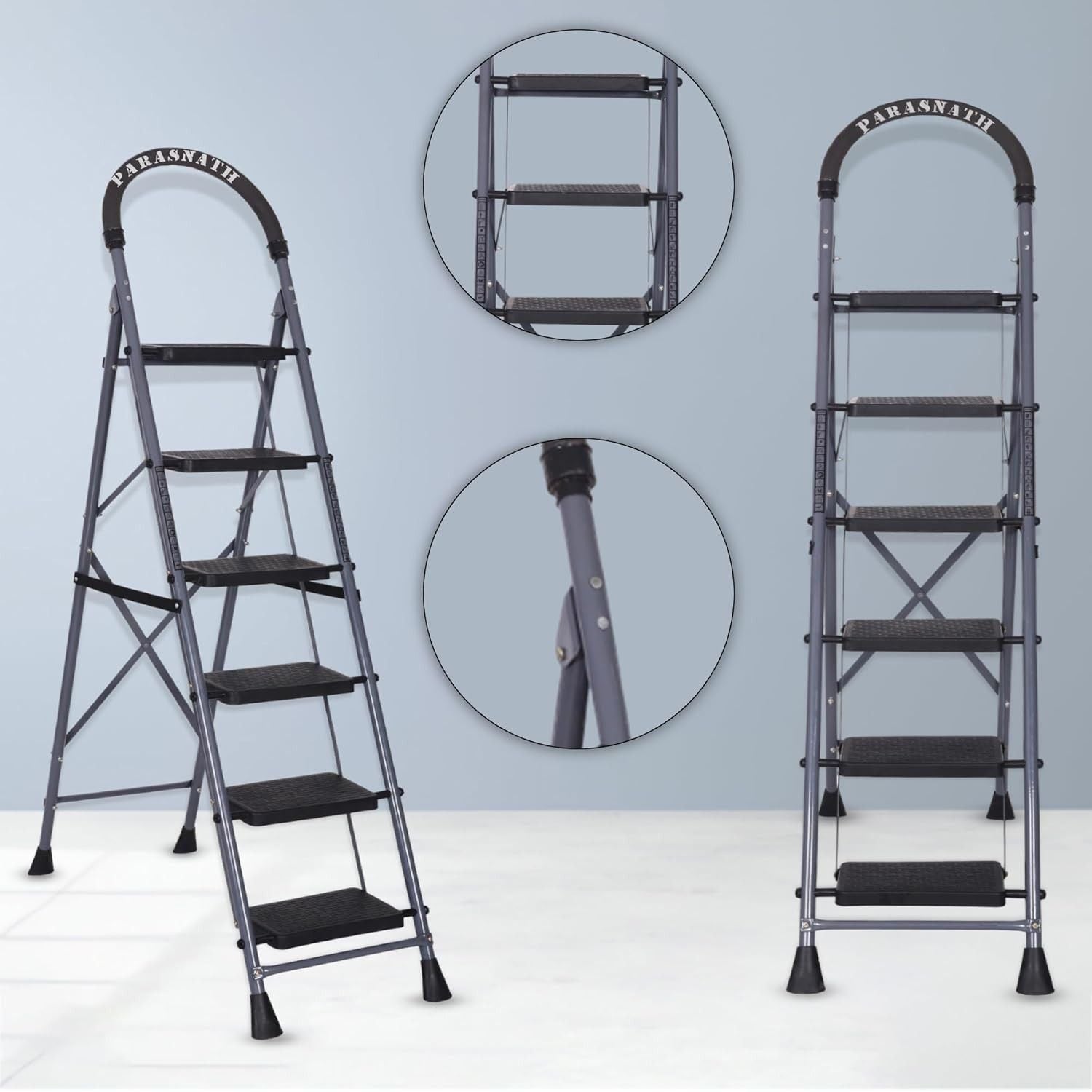 Parasnath GoUp 6 Step Foldable Steel Grey Step Ladder – Heavy-Duty and Lightweight Step Ladder with Anti-Skid Wide Plastic Steps, Safety Handle, High Reach Platform for Home, Kitchen, Office, Warehouse Use - 6 Year Manufacturer Warranty - Made in India - PARASNATH