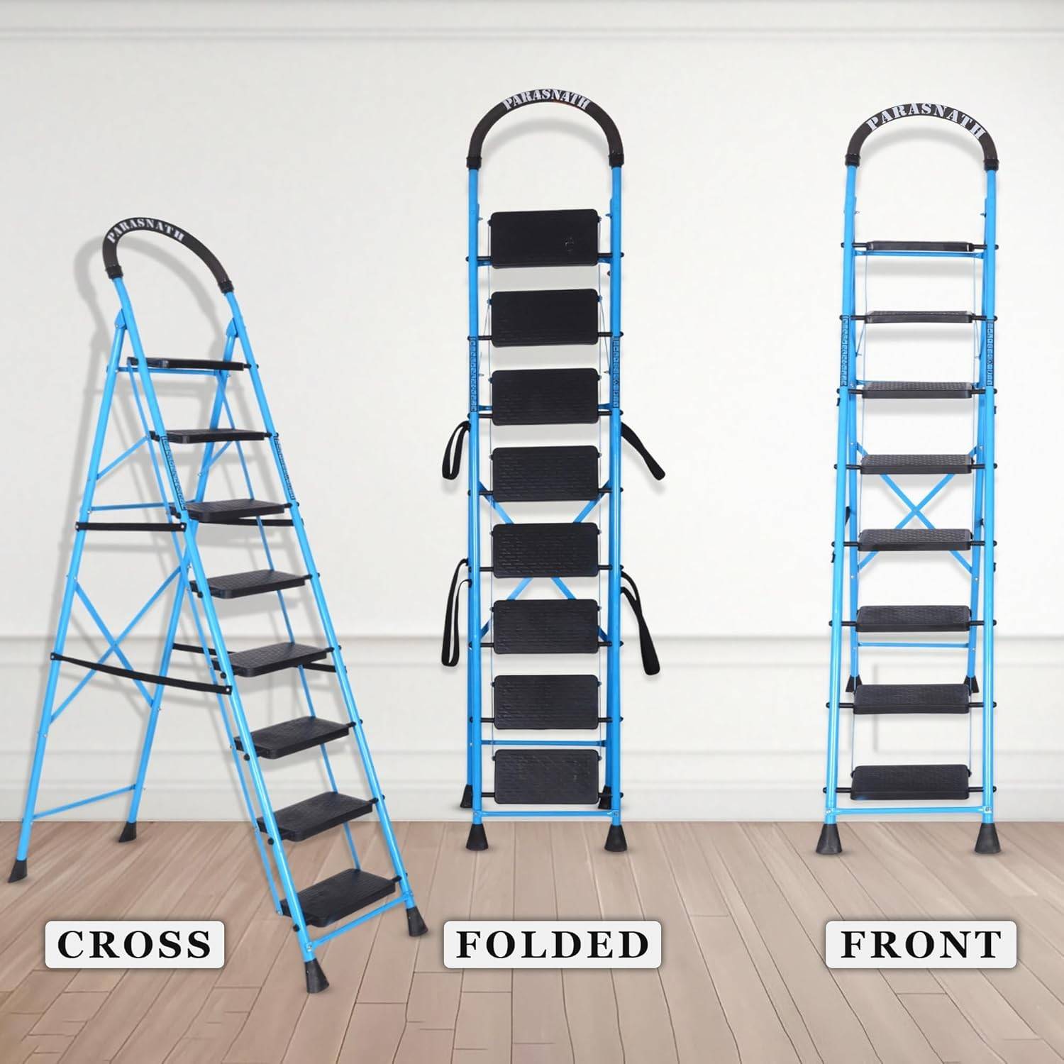 Parasnath GoUp 8 Step Foldable Steel Blue Step Ladder – Heavy-Duty and Lightweight Step Ladder with Anti-Skid Wide Plastic Steps, Safety Handle, High Reach Platform for Home, Kitchen, Office, Warehouse Use - 6 Year Manufacturer Warranty - Made in India - PARASNATH
