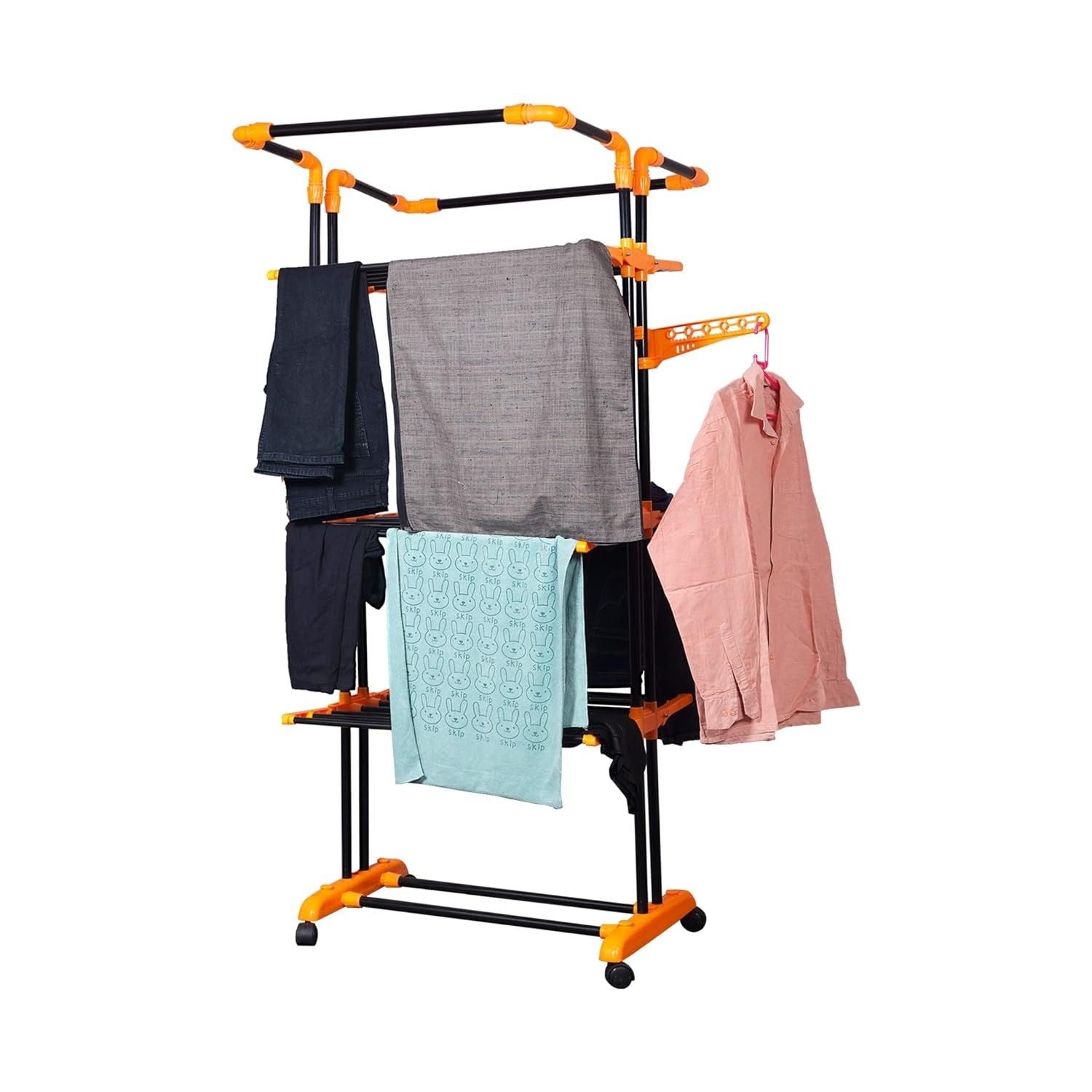 PARASNATH Luxury Black/Orange 3-Pole Steel Cloth Drying Stand with Smooth Breaking Wheels System – Heavy-Duty Durable Drying Rack for Indoor & Outdoor Use, Space-Saving Design, Made in India - PARASNATH