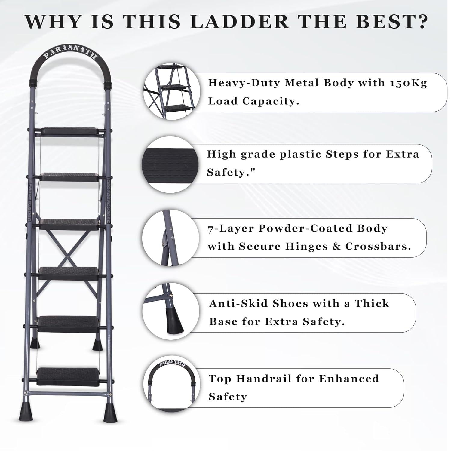 Parasnath GoUp 6 Step Foldable Steel Grey Step Ladder – Heavy-Duty and Lightweight Step Ladder with Anti-Skid Wide Plastic Steps, Safety Handle, High Reach Platform for Home, Kitchen, Office, Warehouse Use - 6 Year Manufacturer Warranty - Made in India - PARASNATH
