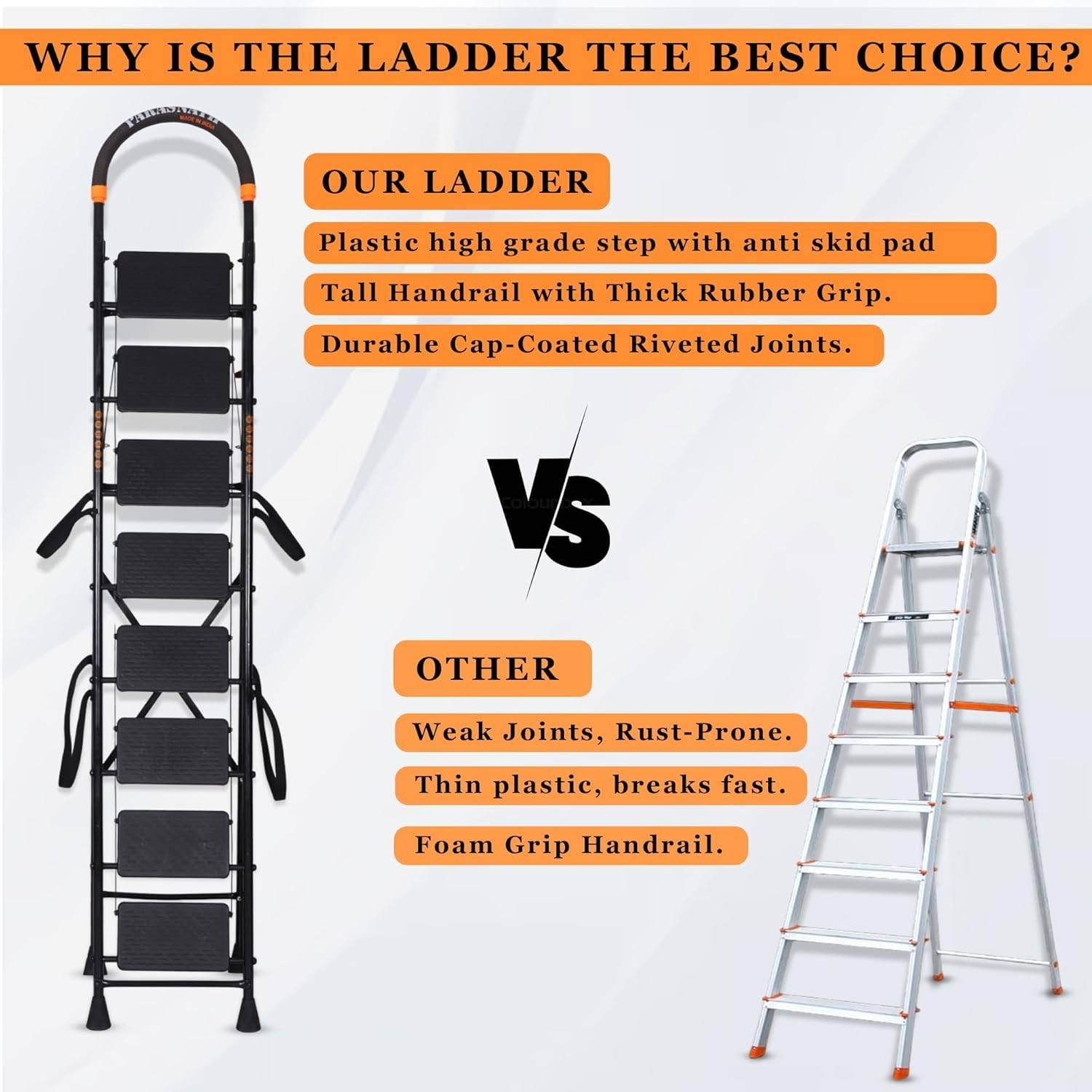 Parasnath GoUp 8 Step Foldable Steel Black Step Ladder – Heavy-Duty and Lightweight Step Ladder with Anti-Skid Wide Plastic Steps, Safety Handle, High Reach Platform for Home, Kitchen, Office, Warehouse Use - 6 Year Manufacturer Warranty - Made in India - PARASNATH