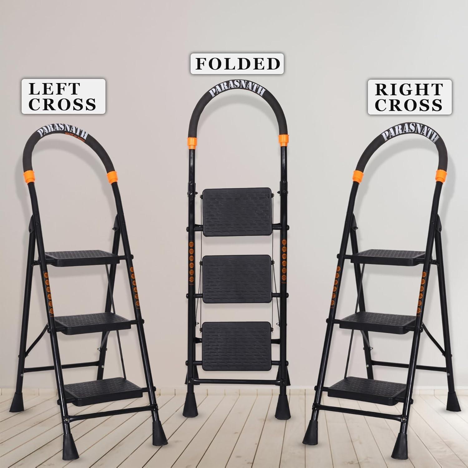 Parasnath GoUp 3 Step Foldable Steel Black Step Ladder – Heavy-Duty and Lightweight Step Ladder with Anti-Skid Wide Plastic Steps, Safety Handle, High Reach Platform for Home, Kitchen, Office, Warehouse Use - 6 Year Manufacturer Warranty - Made in India - PARASNATH