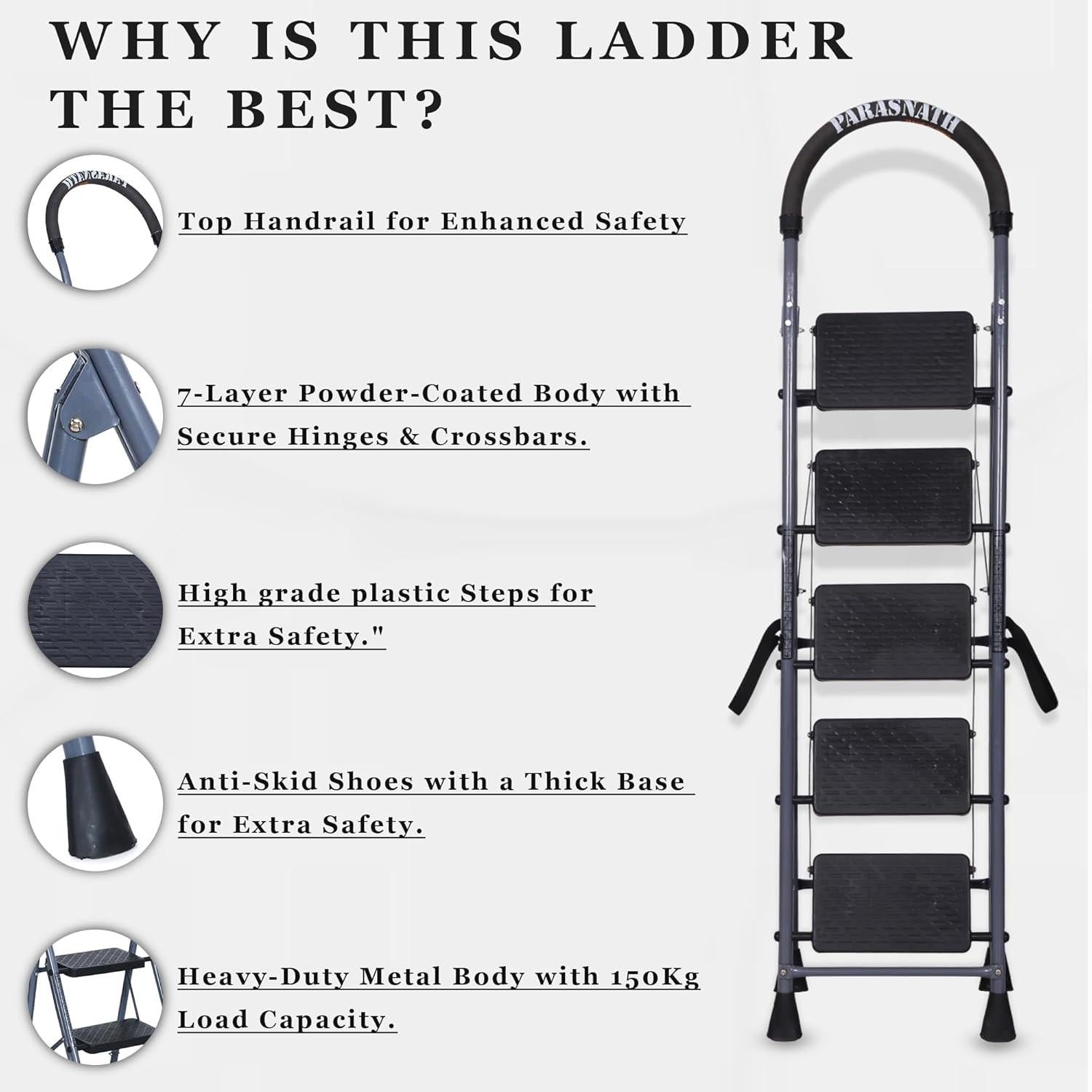 Parasnath GoUp 5 Step Foldable Steel Grey Step Ladder – Heavy-Duty and Lightweight Step Ladder with Anti-Skid Wide Plastic Steps, Safety Handle, High Reach Platform for Home, Kitchen, Office, Warehouse Use - 6 Year Manufacturer Warranty - Made in India - PARASNATH