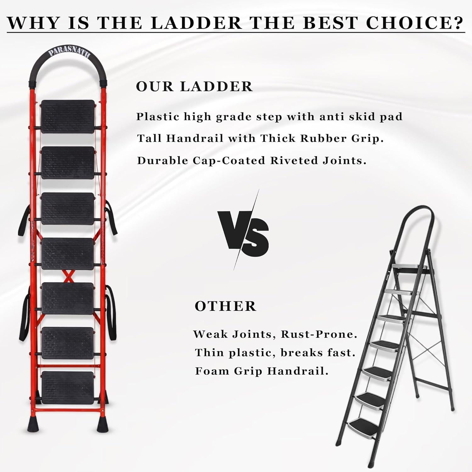 Parasnath GoUp 7 Step Foldable Steel Red Step Ladder – Heavy-Duty and Lightweight Step Ladder with Anti-Skid Wide Plastic Steps, Safety Handle, High Reach Platform for Home, Kitchen, Office, Warehouse Use - 6 Year Manufacturer Warranty - Made in India - PARASNATH