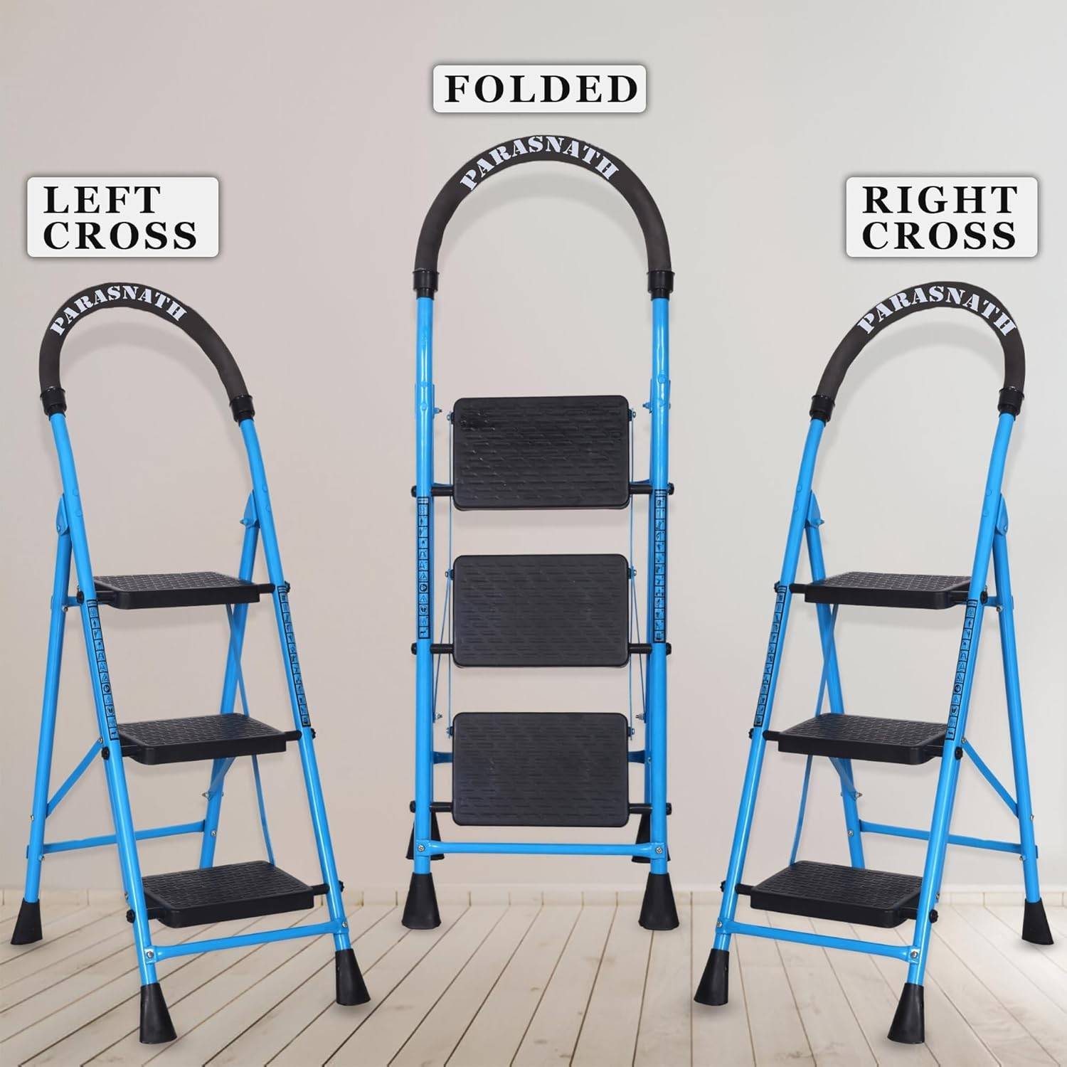 Parasnath GoUp 3 Step Foldable Steel Blue Step Ladder – Heavy-Duty and Lightweight Step Ladder with Anti-Skid Wide Plastic Steps, Safety Handle, High Reach Platform for Home, Kitchen, Office, Warehouse Use - 6 Year Manufacturer Warranty - Made in India - PARASNATH