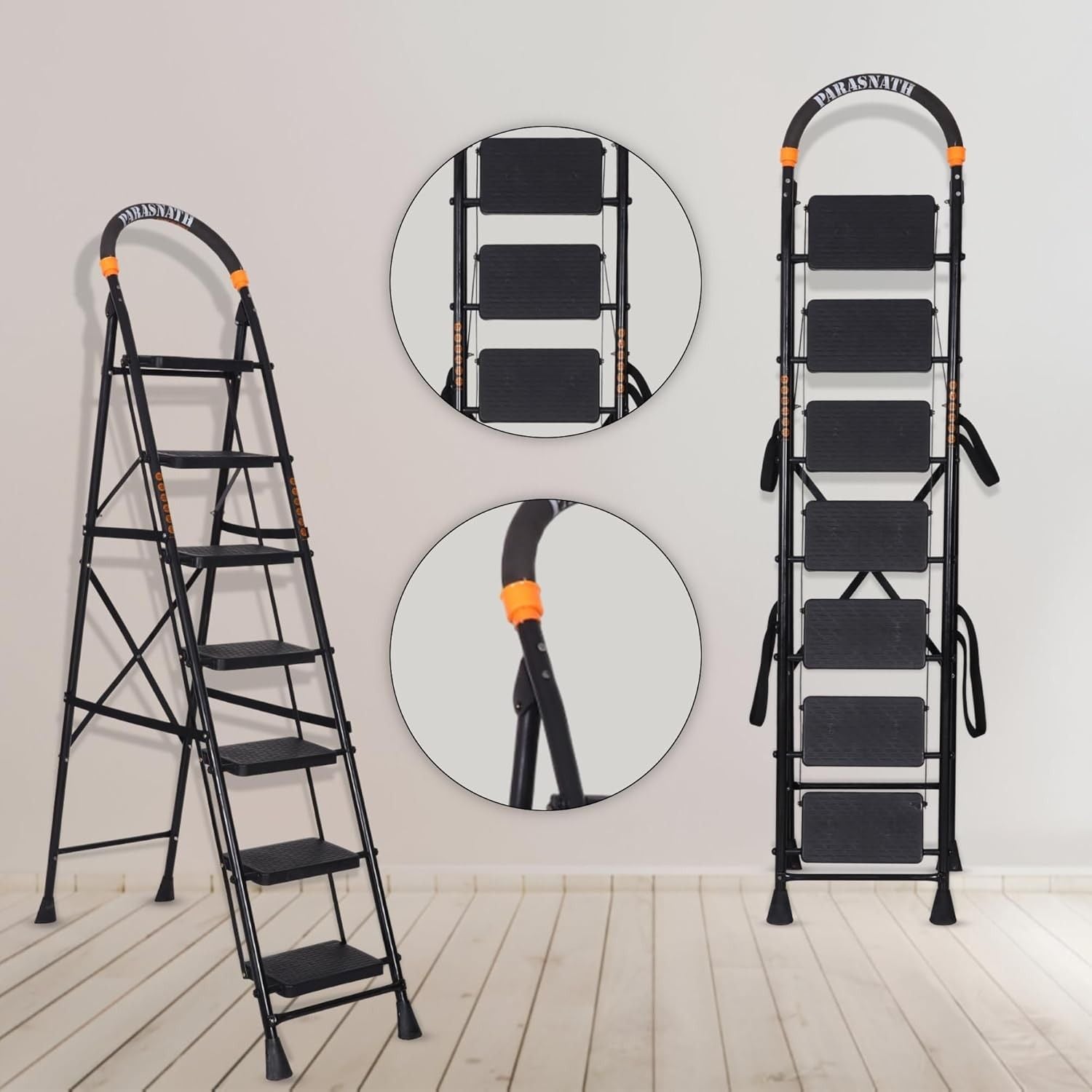 Parasnath GoUp 7 Step Foldable Steel Black Step Ladder – Heavy-Duty and Lightweight Step Ladder with Anti-Skid Wide Plastic Steps, Safety Handle, High Reach Platform for Home, Kitchen, Office, Warehouse Use - 6 Year Manufacturer Warranty - Made in India - PARASNATH