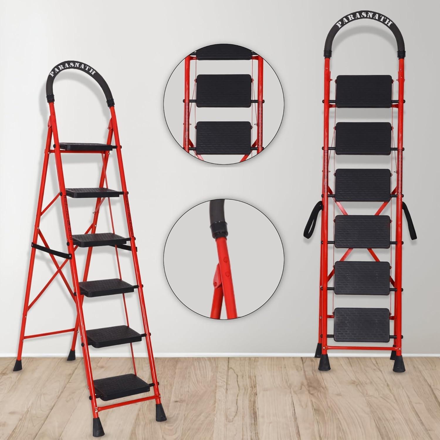 Parasnath GoUp 6 Step Foldable Steel Red Step Ladder – Heavy-Duty and Lightweight Step Ladder with Anti-Skid Wide Plastic Steps, Safety Handle, High Reach Platform for Home, Kitchen, Office, Warehouse Use - 6 Year Manufacturer Warranty - Made in India - PARASNATH