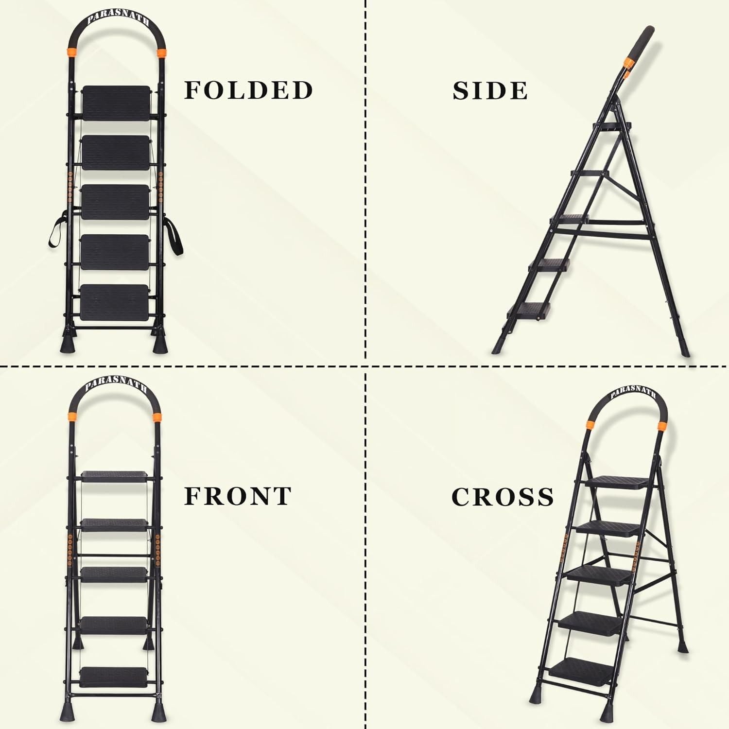 Parasnath GoUp 5 Step Foldable Steel Black Step Ladder – Heavy-Duty and Lightweight Step Ladder with Anti-Skid Wide Plastic Steps, Safety Handle, High Reach Platform for Home, Kitchen, Office, Warehouse Use - 6 Year Manufacturer Warranty - Made in India - PARASNATH