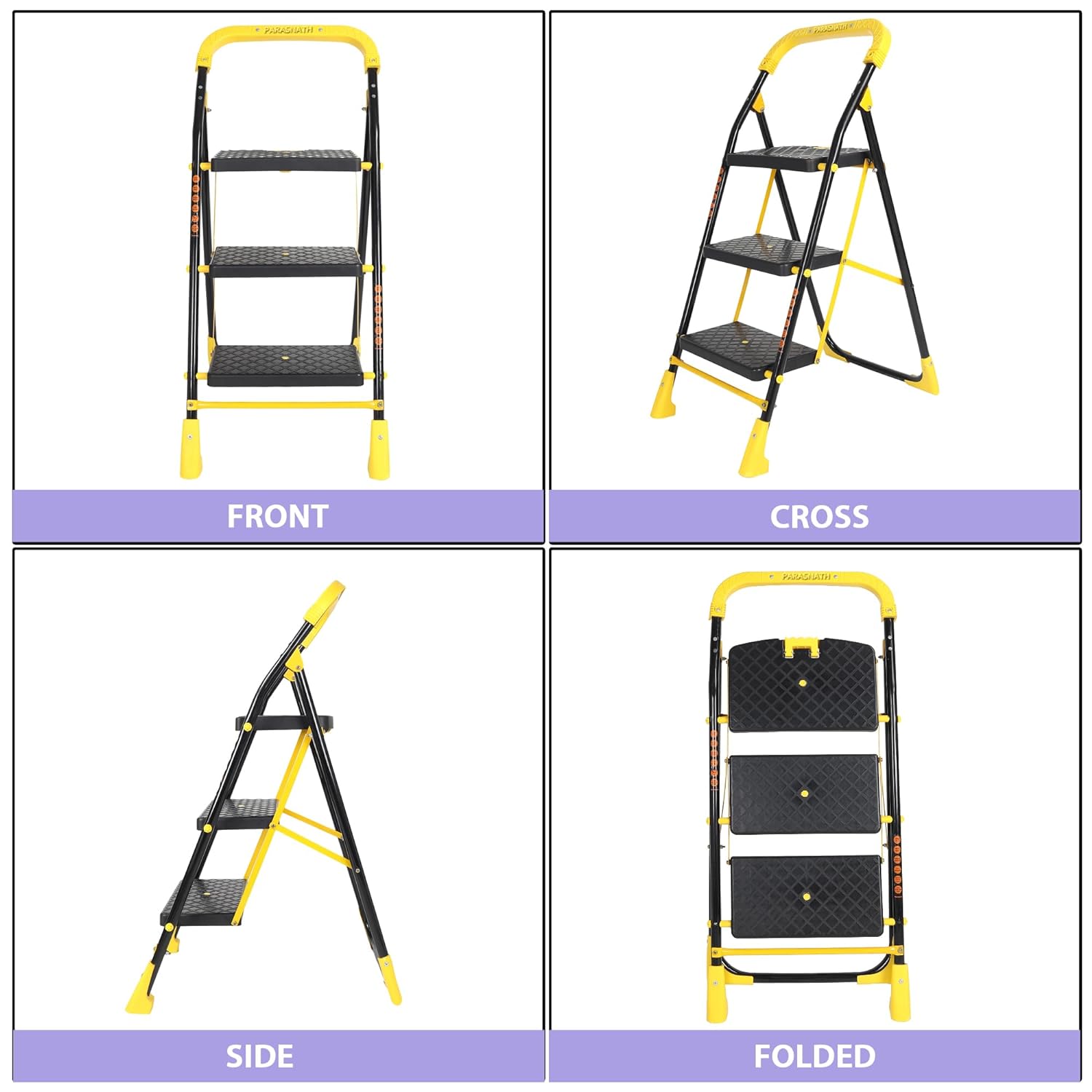 Parasnath 3 Step Yellow Diamond Mild Steel Foldable Ladder for Home - Wide Anti Skid Plastic Step Ladder for Extra Gripping (Yellow &amp; Black Colour) 3.3 FT Ladder - Made in India - PARASNATH