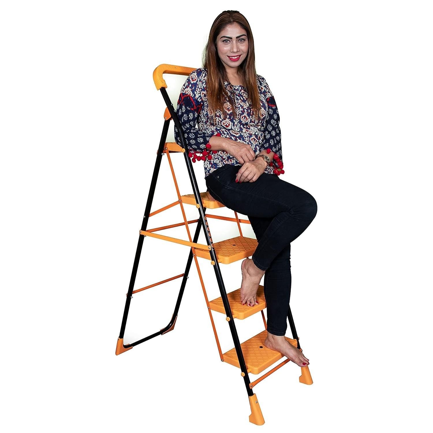 Parasnath Kohinoor 5 Step Heavy-Duty Folding Ladder – Strong Alloy Steel Step Ladder with Wide Anti-Slip Steps, 5.2 Ft Height, Rust-Resistant, Space-Saving Design for Home, Kitchen, Office & Shop Use – Made in India (Orange) - PARASNATH