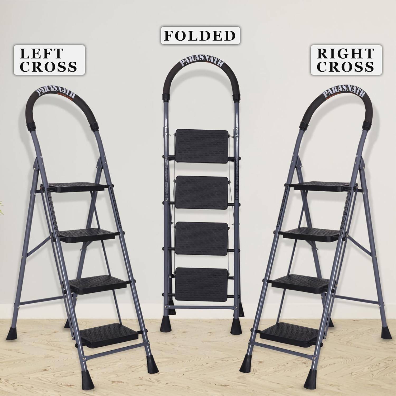 Parasnath GoUp 4 Step Foldable Steel Grey Step Ladder – Heavy-Duty and Lightweight Step Ladder with Anti-Skid Wide Plastic Steps, Safety Handle, High Reach Platform for Home, Kitchen, Office, Warehouse Use - 6 Year Manufacturer Warranty - Made in India - PARASNATH
