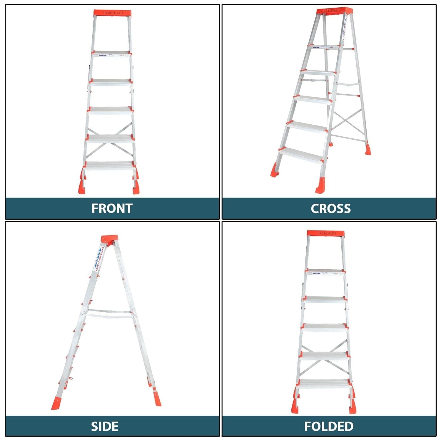 PARASNATH 5 Step EasyDay Folding Ladder – Durable Aluminium Step Ladder with Tool Tray, Non-Slip Steps, Lightweight and Compact for Home, Kitchen, Office Use – 6 Year Warranty – Made in India (Orange & Silver Color) - PARASNATH