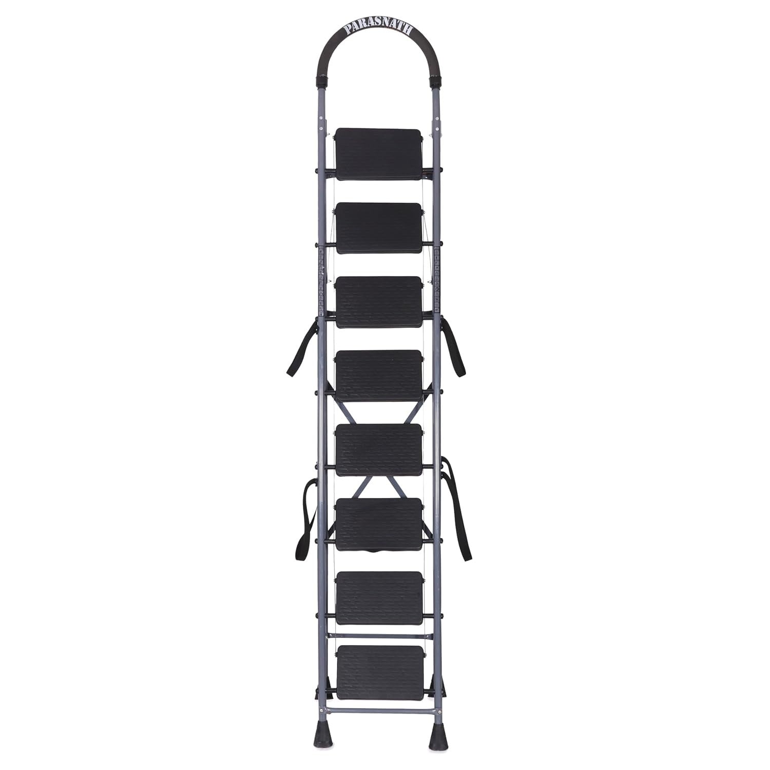 Parasnath GoUp 8 Step Foldable Steel Grey Step Ladder – Heavy-Duty and Lightweight Step Ladder with Anti-Skid Wide Plastic Steps, Safety Handle, High Reach Platform for Home, Kitchen, Office, Warehouse Use - 6 Year Manufacturer Warranty - Made in India - PARASNATH