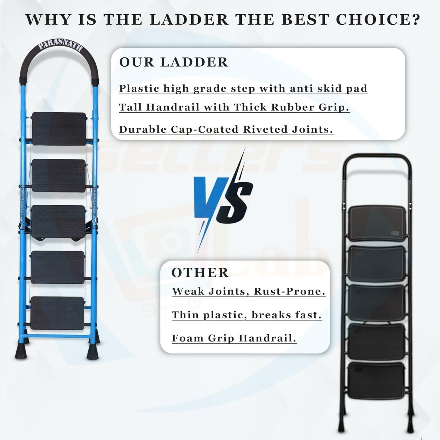 Parasnath GoUp 5 Step Foldable Steel Blue Step Ladder – Heavy-Duty and Lightweight Step Ladder with Anti-Skid Wide Plastic Steps, Safety Handle, High Reach Platform for Home, Kitchen, Office, Warehouse Use - 6 Year Manufacturer Warranty - Made in India - PARASNATH