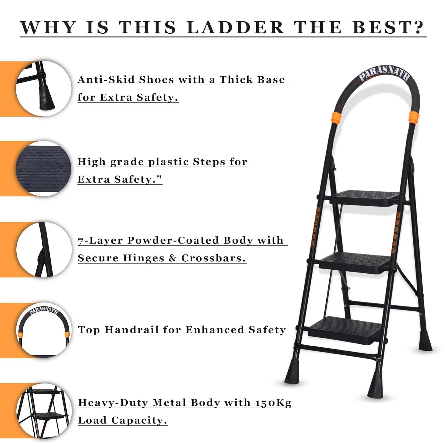 Parasnath GoUp 3 Step Foldable Steel Black Step Ladder – Heavy-Duty and Lightweight Step Ladder with Anti-Skid Wide Plastic Steps, Safety Handle, High Reach Platform for Home, Kitchen, Office, Warehouse Use - 6 Year Manufacturer Warranty - Made in India - PARASNATH