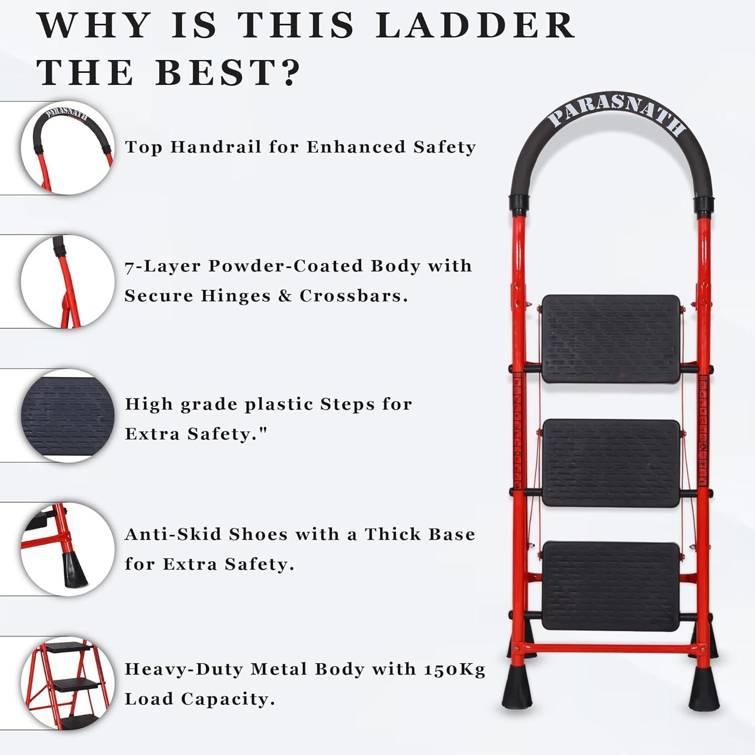 Parasnath GoUp 3 Step Foldable Steel Red Step Ladder – Heavy-Duty and Lightweight Step Ladder with Anti-Skid Wide Plastic Steps, Safety Handle, High Reach Platform for Home, Kitchen, Office, Warehouse Use - 6 Year Manufacturer Warranty - Made in India - PARASNATH