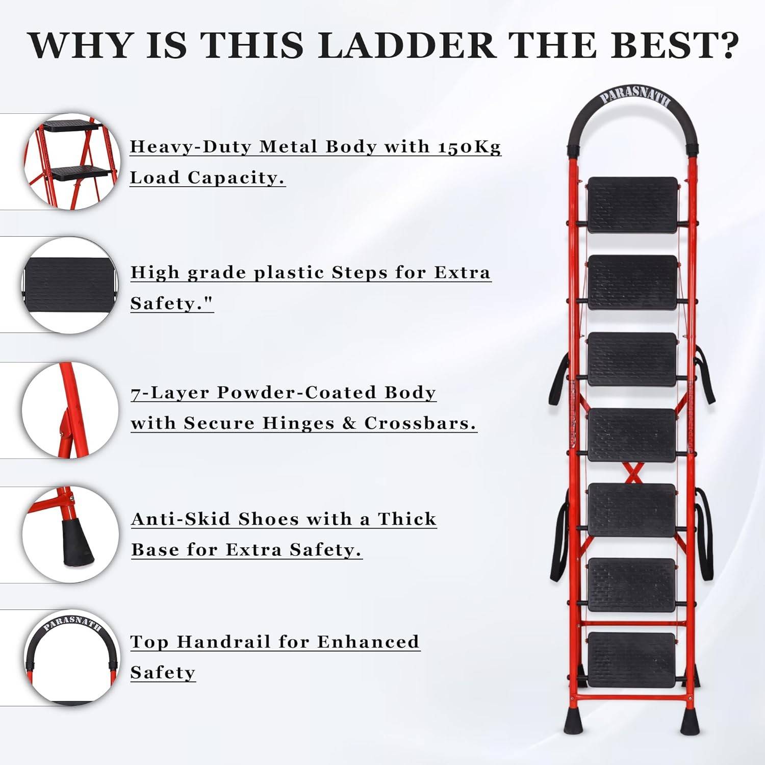 Parasnath GoUp 7 Step Foldable Steel Red Step Ladder – Heavy-Duty and Lightweight Step Ladder with Anti-Skid Wide Plastic Steps, Safety Handle, High Reach Platform for Home, Kitchen, Office, Warehouse Use - 6 Year Manufacturer Warranty - Made in India - PARASNATH
