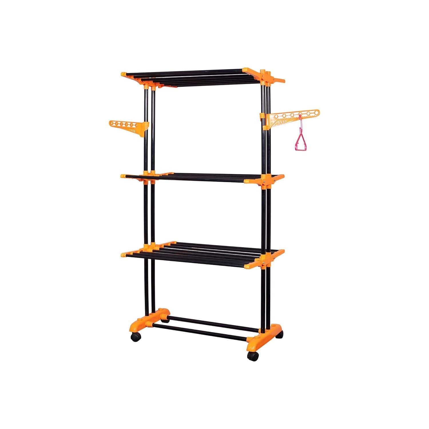 PARASNATH Luxury Black/Orange 2-Pole Steel Cloth Drying Stand with Smooth Breaking Wheels System – Heavy-Duty Durable Drying Rack for Indoor & Outdoor Use, Space-Saving Design, Made in India - PARASNATH