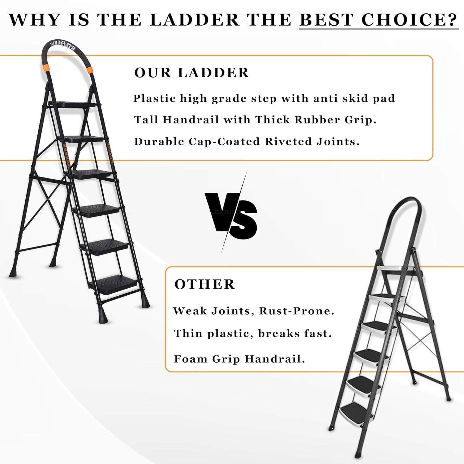 Parasnath GoUp 6 Step Foldable Steel Black Step Ladder – Heavy-Duty and Lightweight Step Ladder with Anti-Skid Wide Plastic Steps, Safety Handle, High Reach Platform for Home, Kitchen, Office, Warehouse Use - 6 Year Manufacturer Warranty - Made in India - PARASNATH