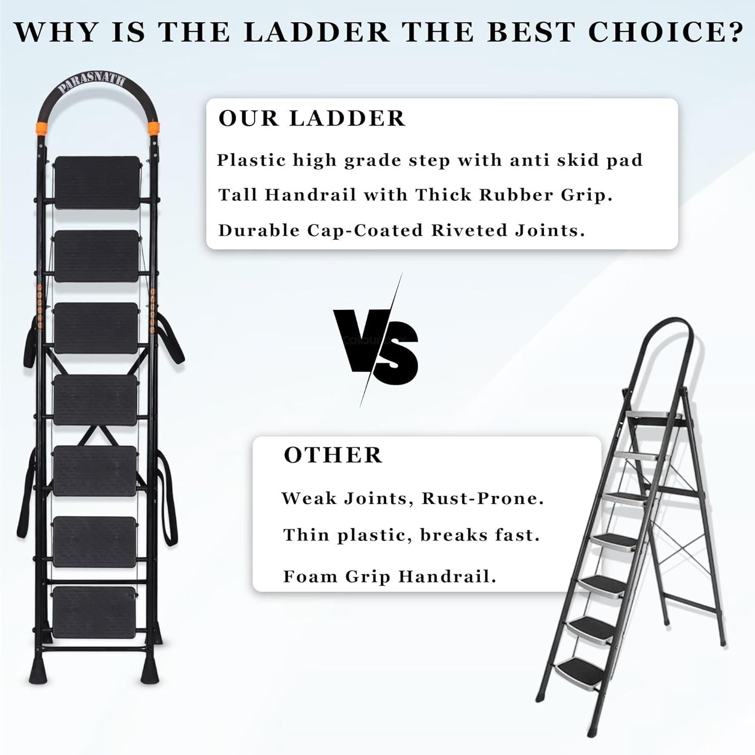 Parasnath GoUp 7 Step Foldable Steel Black Step Ladder – Heavy-Duty and Lightweight Step Ladder with Anti-Skid Wide Plastic Steps, Safety Handle, High Reach Platform for Home, Kitchen, Office, Warehouse Use - 6 Year Manufacturer Warranty - Made in India - PARASNATH