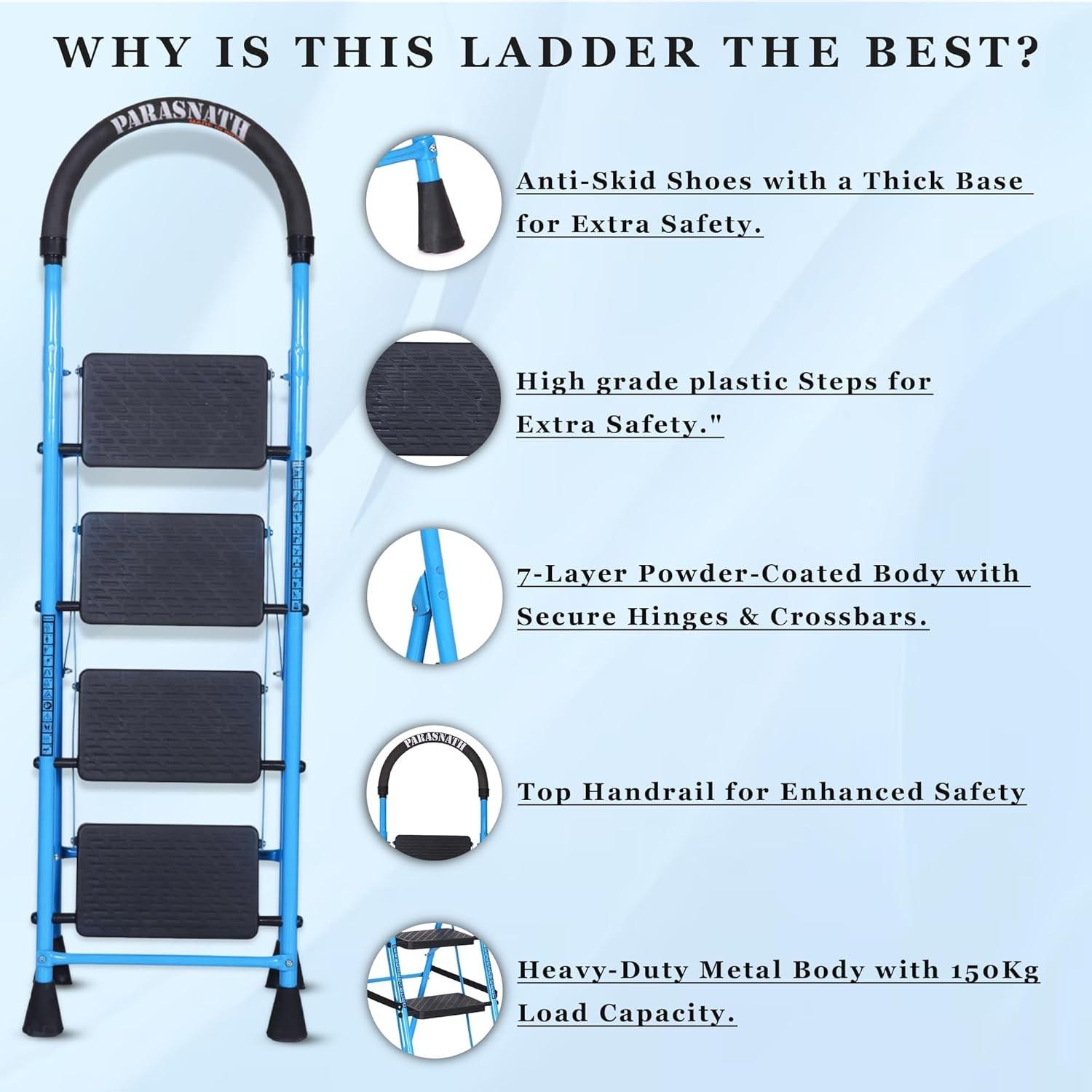Parasnath GoUp 4 Step Foldable Steel Blue Step Ladder – Heavy-Duty and Lightweight Step Ladder with Anti-Skid Wide Plastic Steps, Safety Handle, High Reach Platform for Home, Kitchen, Office, Warehouse Use - 6 Year Manufacturer Warranty - Made in India - PARASNATH