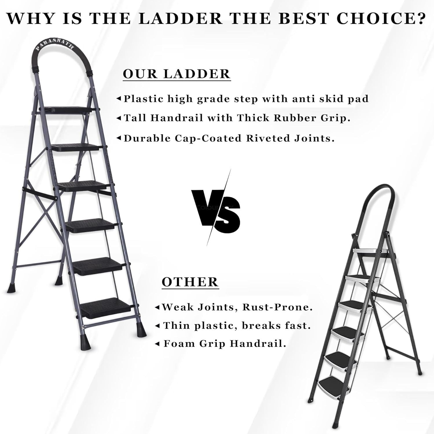 Parasnath GoUp 6 Step Foldable Steel Grey Step Ladder – Heavy-Duty and Lightweight Step Ladder with Anti-Skid Wide Plastic Steps, Safety Handle, High Reach Platform for Home, Kitchen, Office, Warehouse Use - 6 Year Manufacturer Warranty - Made in India - PARASNATH
