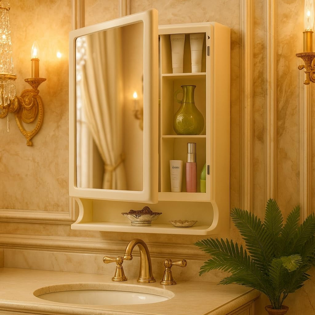 PARASNATH Premium New Look Mirror Cabinet for Bathroom – Durable Plastic Build with Secure Storage, Integrated Toothbrush Holder, Sleek New Look Design, Wall-Mounted, Made in India (Ivory Color) - PARASNATH