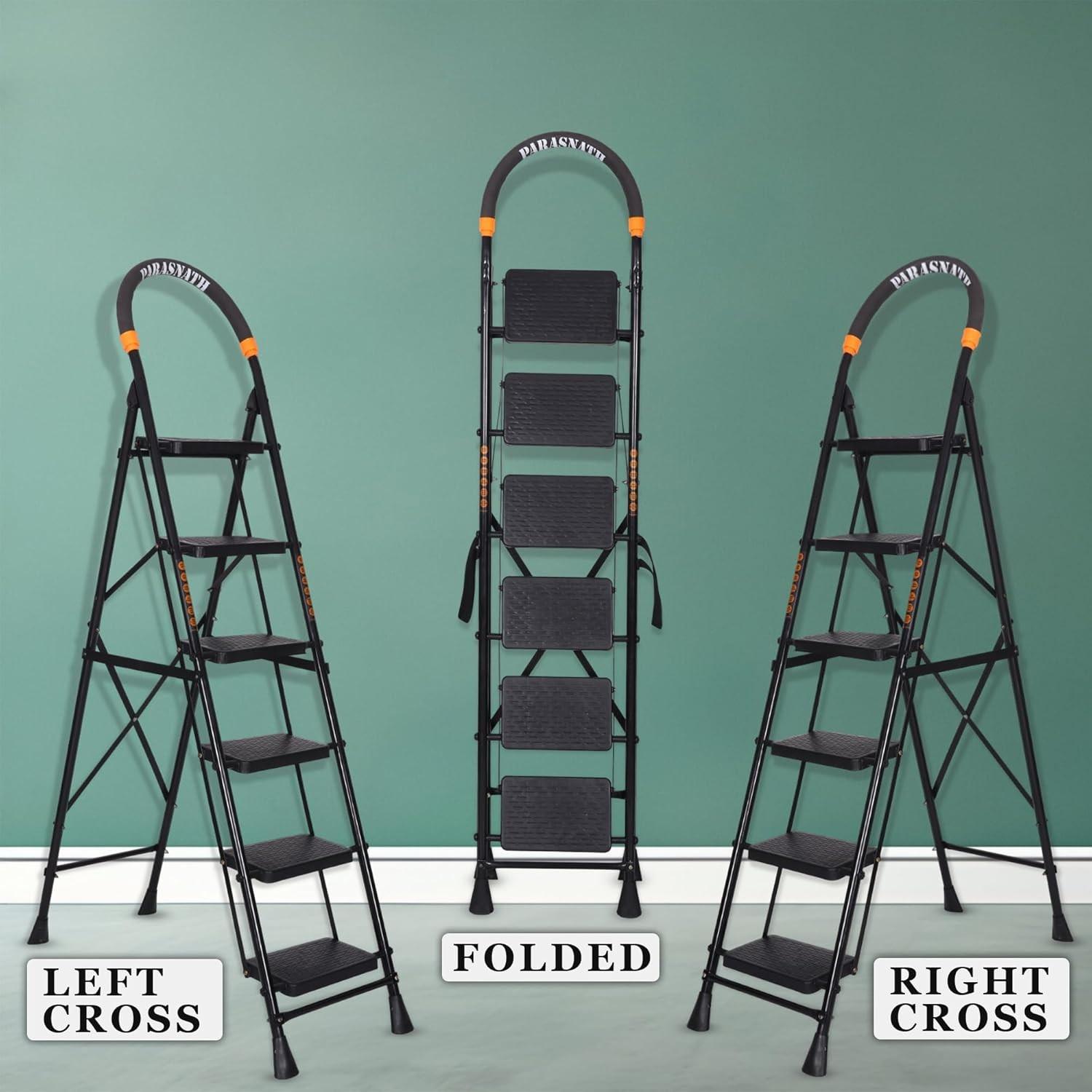 Parasnath GoUp 8 Step Foldable Steel Black Step Ladder – Heavy-Duty and Lightweight Step Ladder with Anti-Skid Wide Plastic Steps, Safety Handle, High Reach Platform for Home, Kitchen, Office, Warehouse Use - 6 Year Manufacturer Warranty - Made in India - PARASNATH