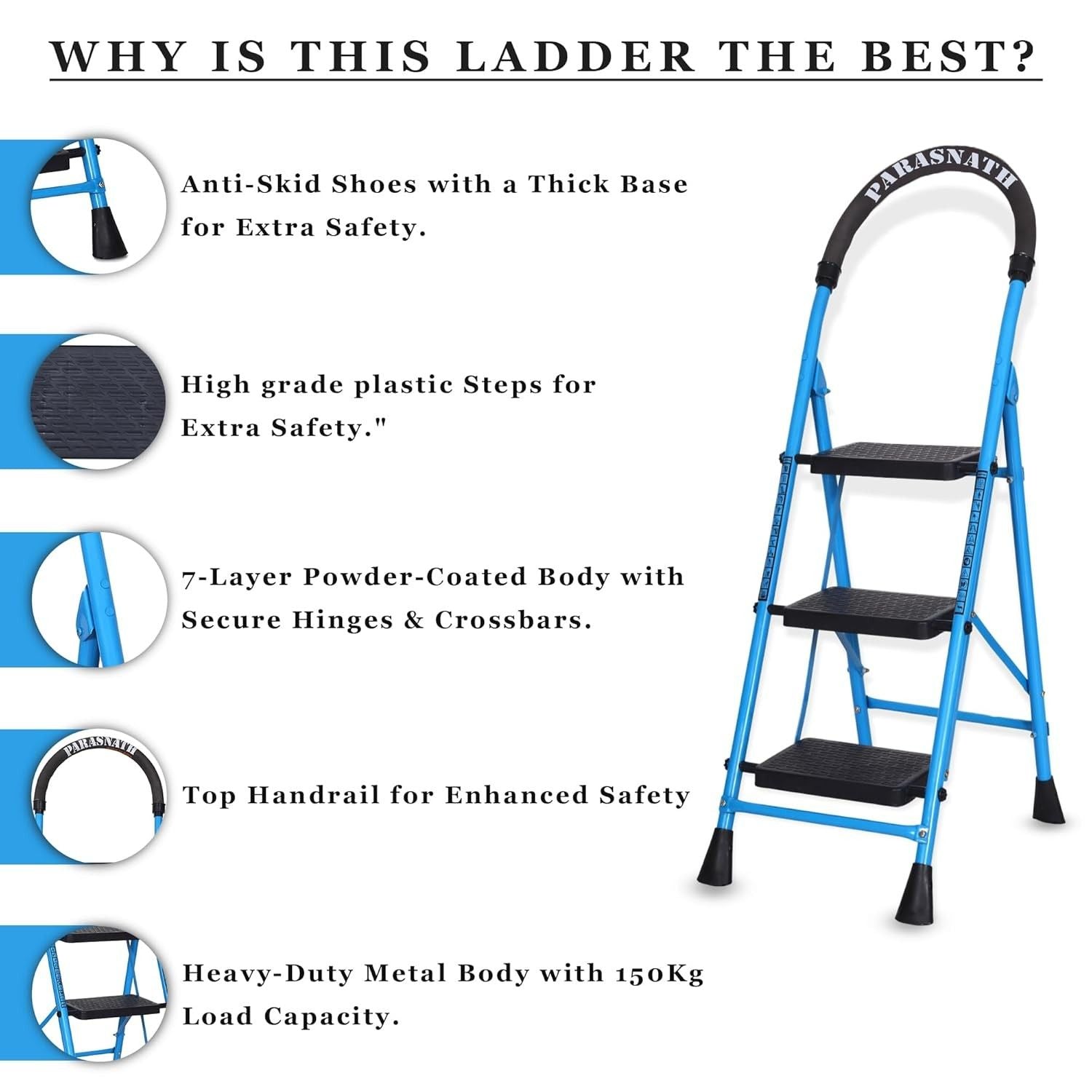 Parasnath GoUp 3 Step Foldable Steel Blue Step Ladder – Heavy-Duty and Lightweight Step Ladder with Anti-Skid Wide Plastic Steps, Safety Handle, High Reach Platform for Home, Kitchen, Office, Warehouse Use - 6 Year Manufacturer Warranty - Made in India - PARASNATH