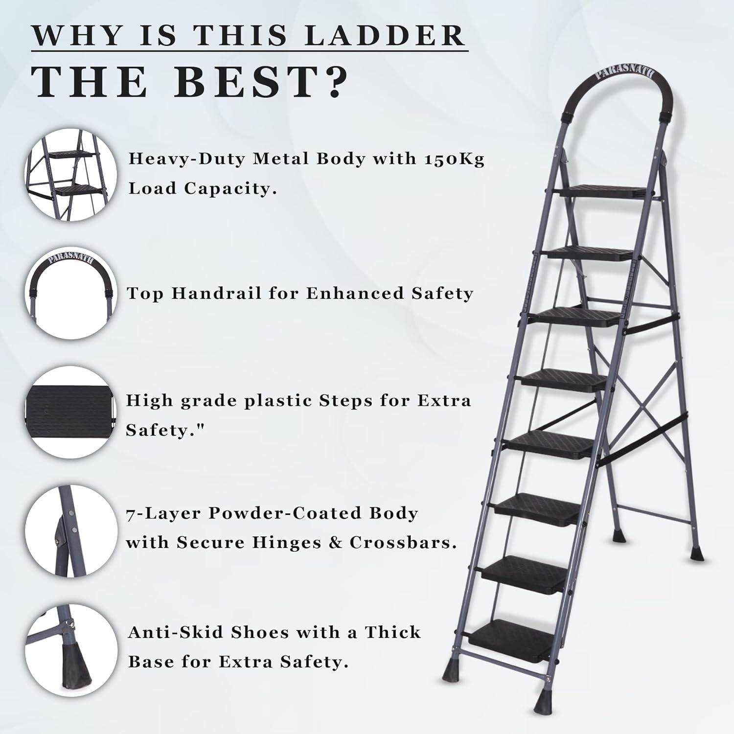 Parasnath GoUp 8 Step Foldable Steel Grey Step Ladder – Heavy-Duty and Lightweight Step Ladder with Anti-Skid Wide Plastic Steps, Safety Handle, High Reach Platform for Home, Kitchen, Office, Warehouse Use - 6 Year Manufacturer Warranty - Made in India - PARASNATH