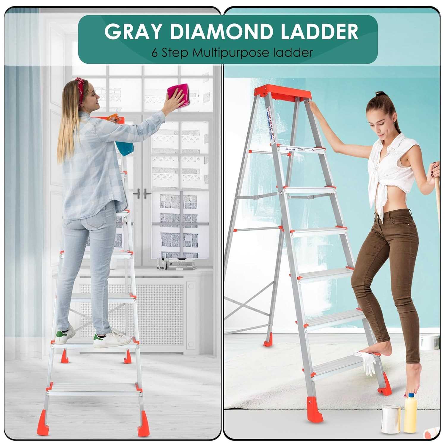 PARASNATH 6 Step EasyDay Folding Ladder – Durable Aluminium Step Ladder with Tool Tray, Non-Slip Steps, Lightweight and Compact for Home, Kitchen, Office Use – 6 Year Warranty – Made in India (Orange & Silver Color) - PARASNATH