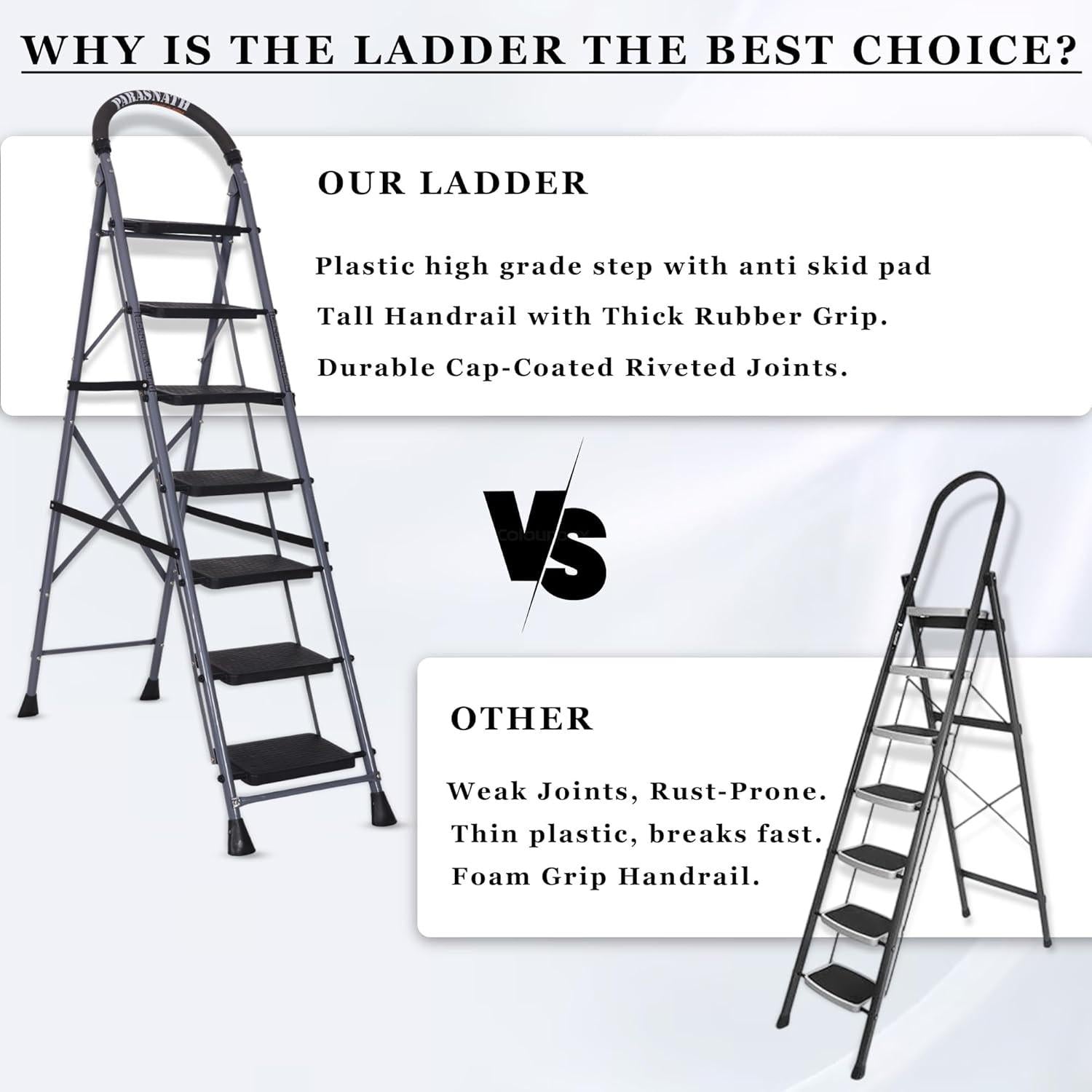 Parasnath GoUp 7 Step Foldable Steel Grey Step Ladder – Heavy-Duty and Lightweight Step Ladder with Anti-Skid Wide Plastic Steps, Safety Handle, High Reach Platform for Home, Kitchen, Office, Warehouse Use - 6 Year Manufacturer Warranty - Made in India - PARASNATH