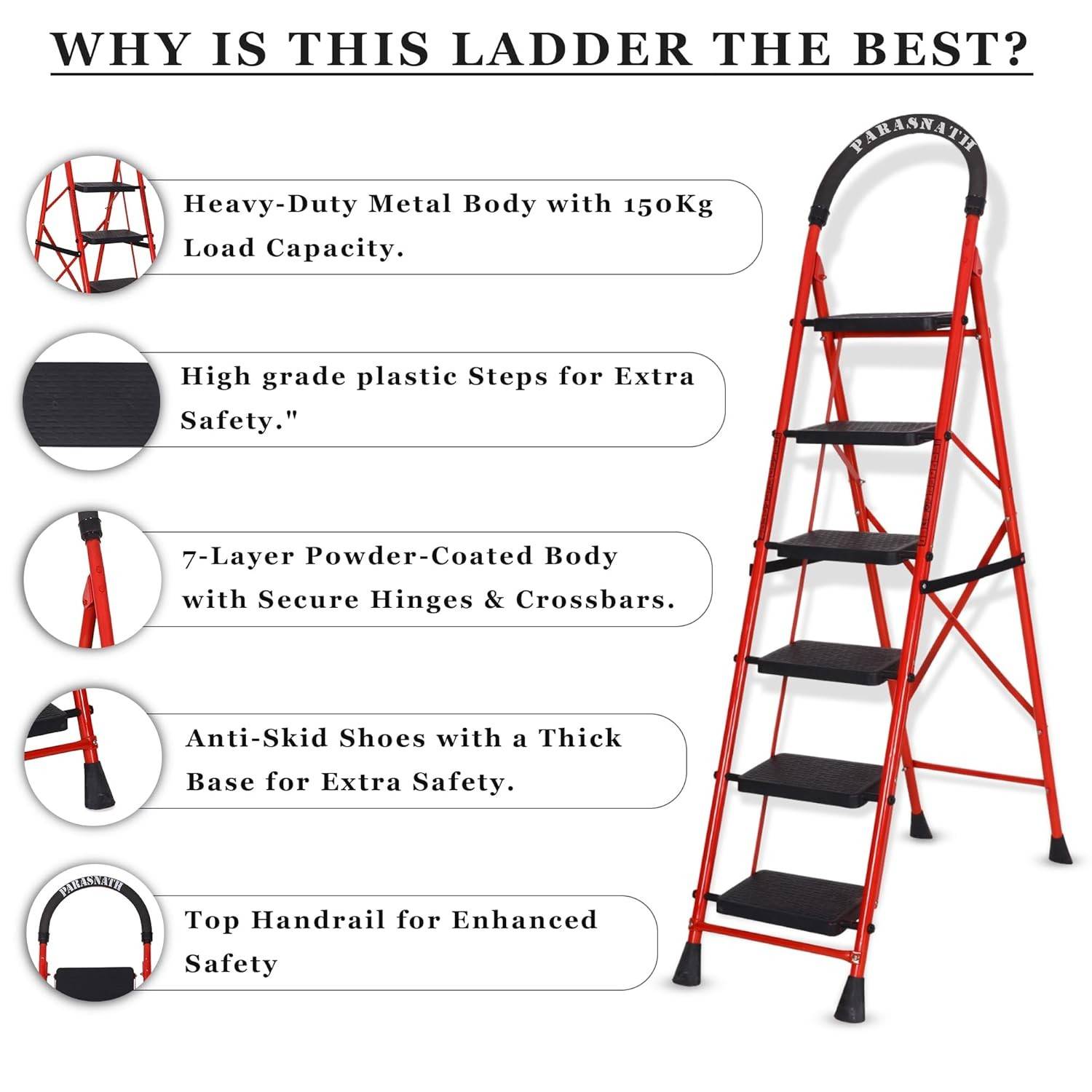 Parasnath GoUp 6 Step Foldable Steel Red Step Ladder – Heavy-Duty and Lightweight Step Ladder with Anti-Skid Wide Plastic Steps, Safety Handle, High Reach Platform for Home, Kitchen, Office, Warehouse Use - 6 Year Manufacturer Warranty - Made in India - PARASNATH