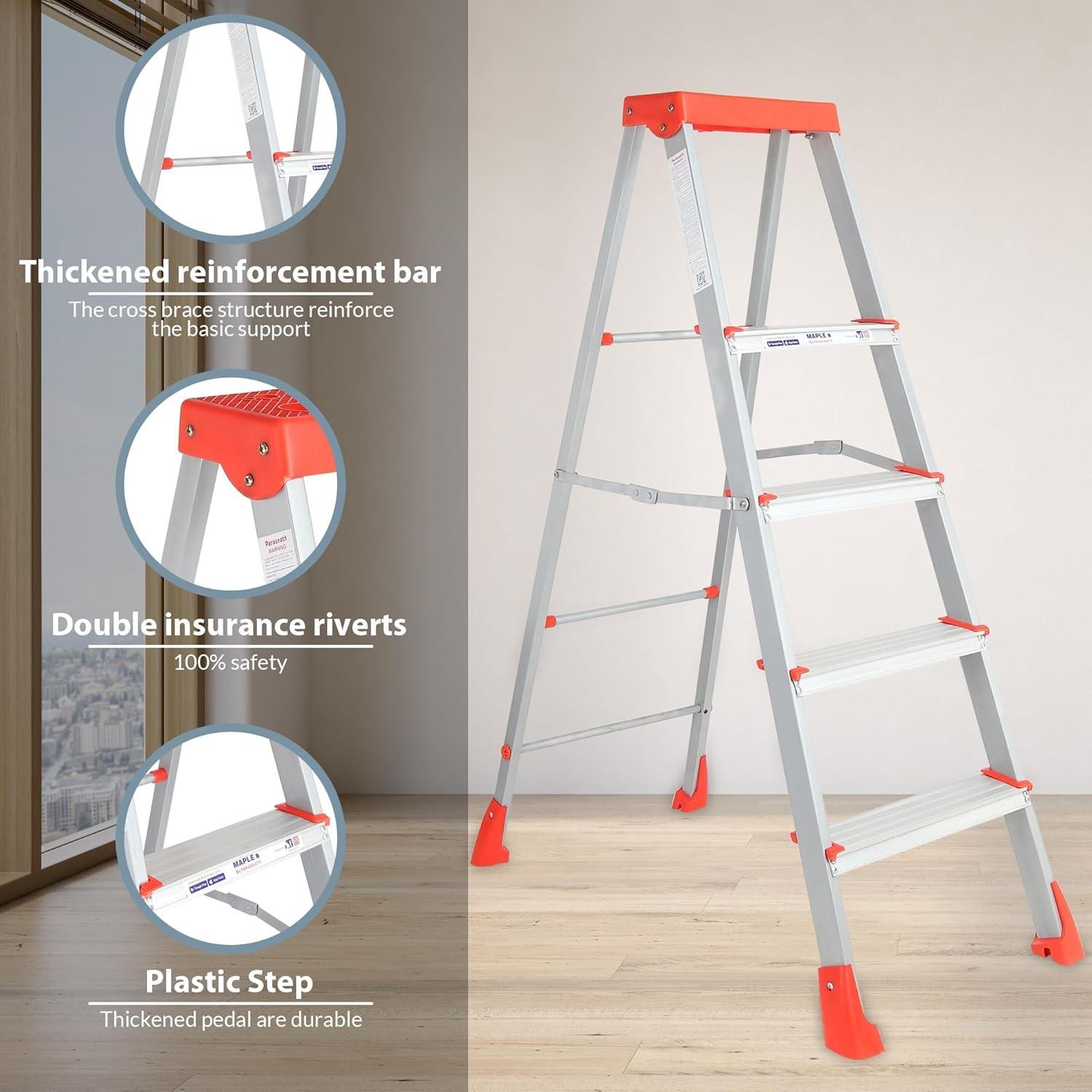 Parasnath 4 Step EasyDay Folding Ladder – Durable Aluminium Step Ladder with Tool Tray, Non-Slip Steps, Lightweight and Compact for Home, Kitchen, Office Use – 6 Year Warranty – Made in India (Orange & Silver Color) - PARASNATH