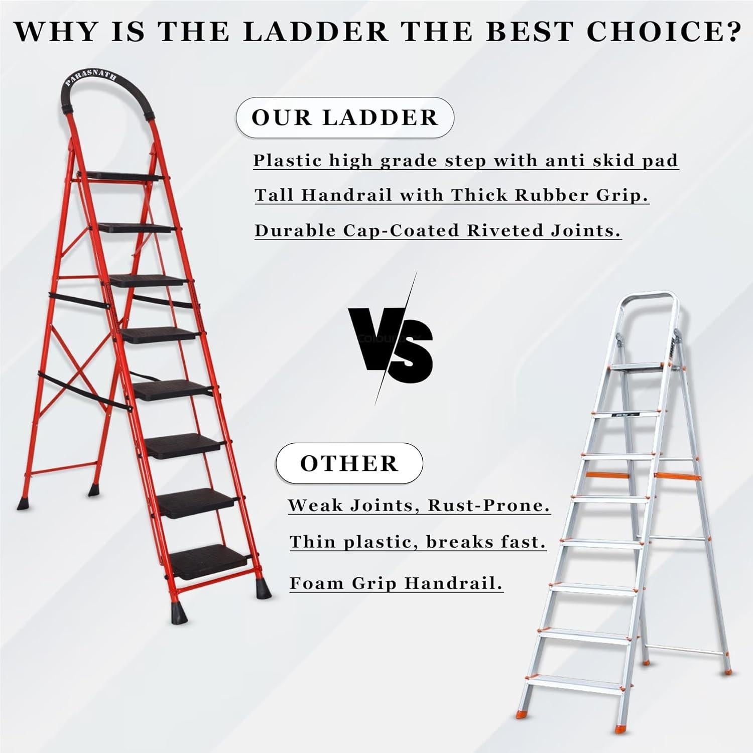 Parasnath GoUp 8 Step Foldable Steel Red Step Ladder – Heavy-Duty and Lightweight Step Ladder with Anti-Skid Wide Plastic Steps, Safety Handle, High Reach Platform for Home, Kitchen, Office, Warehouse Use - 6 Year Manufacturer Warranty - Made in India - PARASNATH