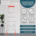 PARASNATH 5 Step EasyDay Folding Ladder – Durable Aluminium Step Ladder with Tool Tray, Non-Slip Steps, Lightweight and Compact for Home, Kitchen, Office Use – 6 Year Warranty – Made in India (Orange & Silver Color) - PARASNATH