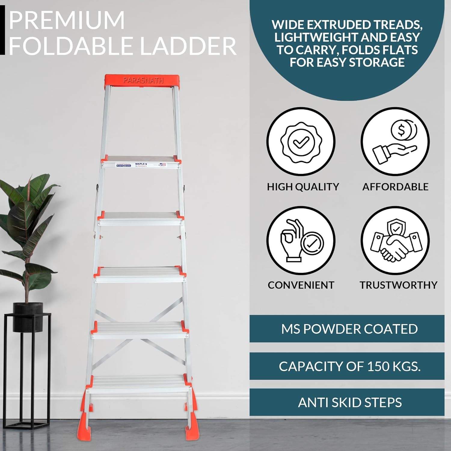 PARASNATH 5 Step EasyDay Folding Ladder – Durable Aluminium Step Ladder with Tool Tray, Non-Slip Steps, Lightweight and Compact for Home, Kitchen, Office Use – 6 Year Warranty – Made in India (Orange & Silver Color) - PARASNATH