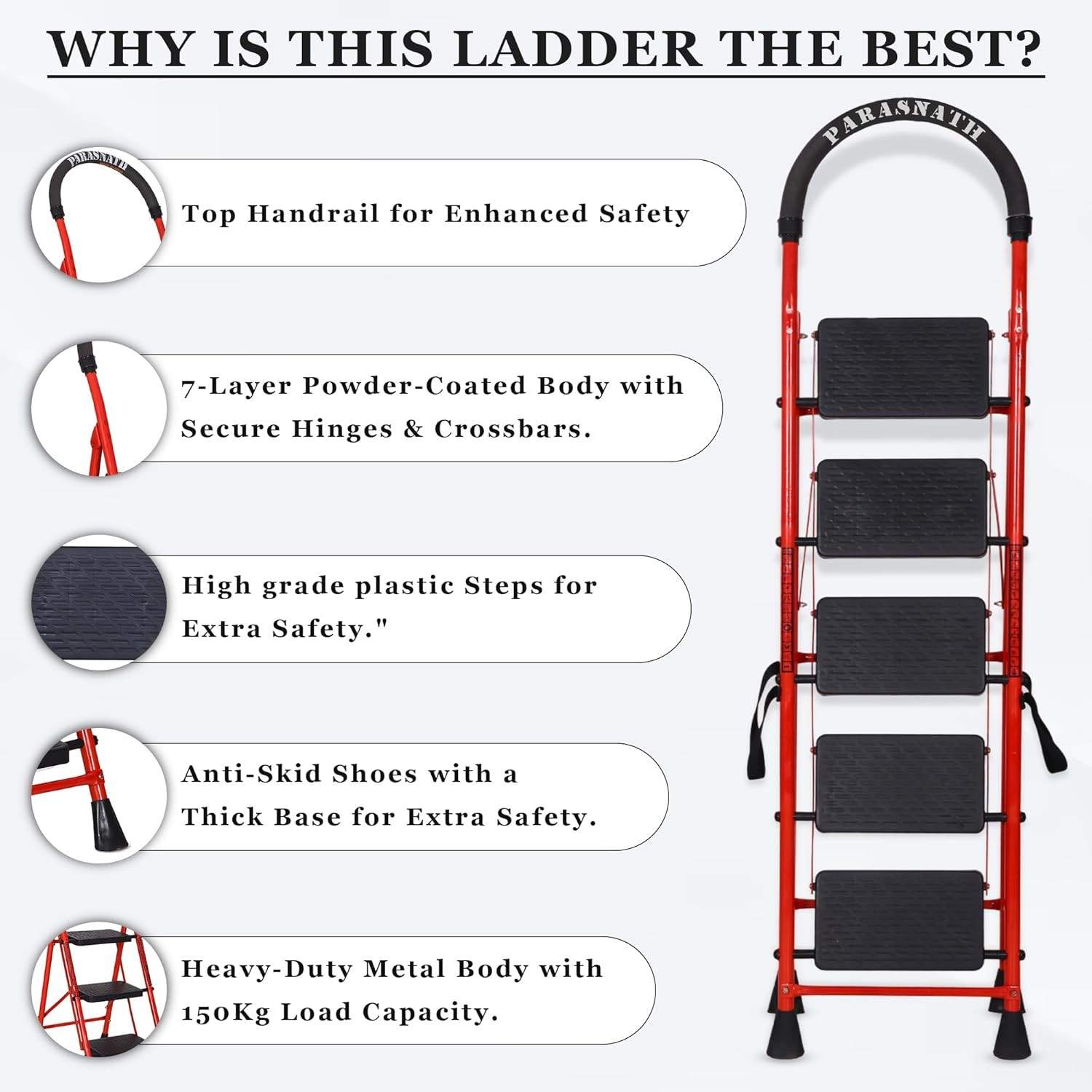 Parasnath GoUp 5 Step Foldable Steel Red Step Ladder – Heavy-Duty and Lightweight Step Ladder with Anti-Skid Wide Plastic Steps, Safety Handle, High Reach Platform for Home, Kitchen, Office, Warehouse Use - 6 Year Manufacturer Warranty - Made in India - PARASNATH