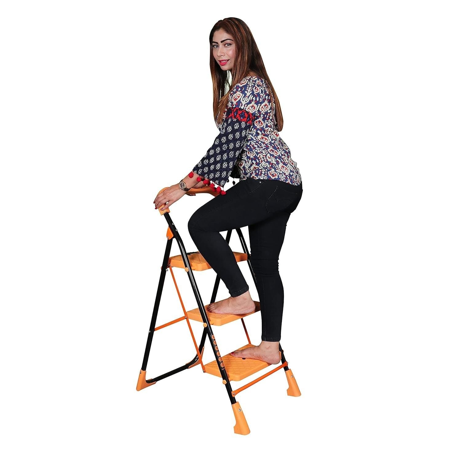 Parasnath Kohinoor 3 Step Heavy-Duty Folding Ladder – Strong Alloy Steel Step Ladder with Wide Anti-Slip Steps, 3.2 Ft Height, Rust-Resistant, Space-Saving Design for Home, Kitchen, Office & Shop Use – Made in India (Orange) - PARASNATH